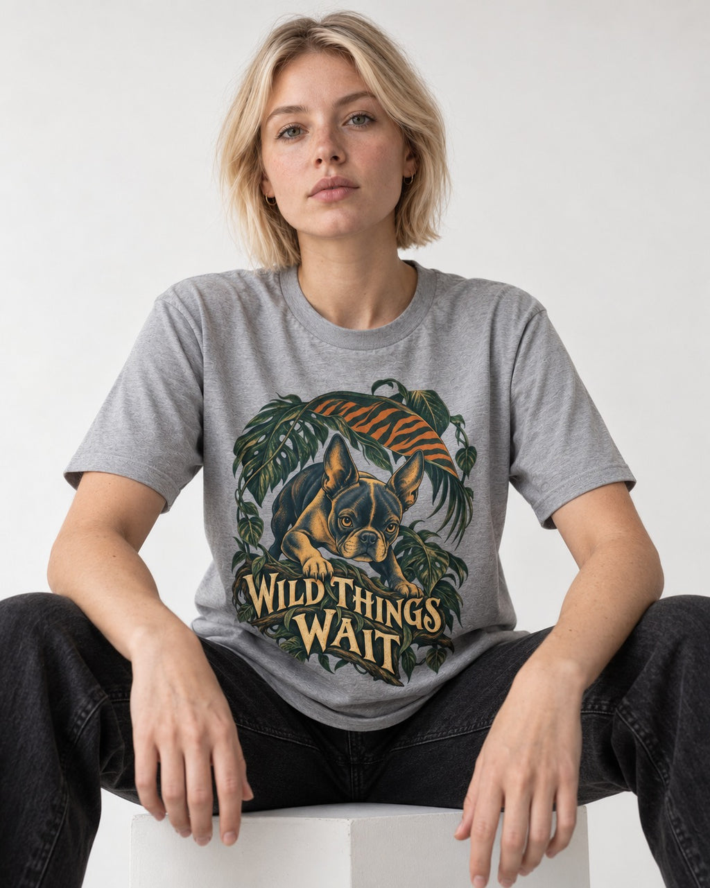 Boston Terrier Wild Things Wait T-Shirt in Sport Grey, worn by a seated model