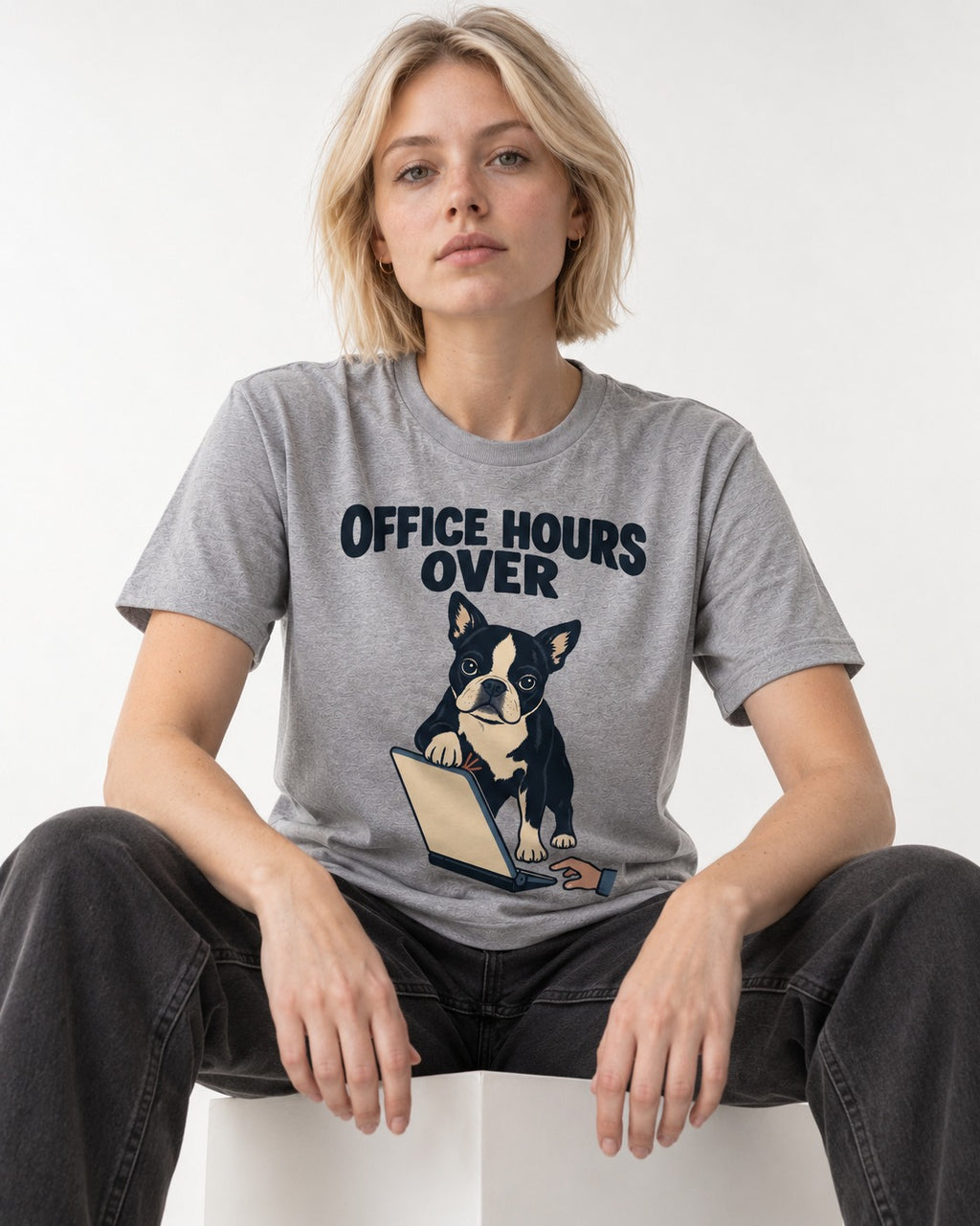 Boston Terrier Office Hours Over T-Shirt in Sport Grey, worn by a seated model
