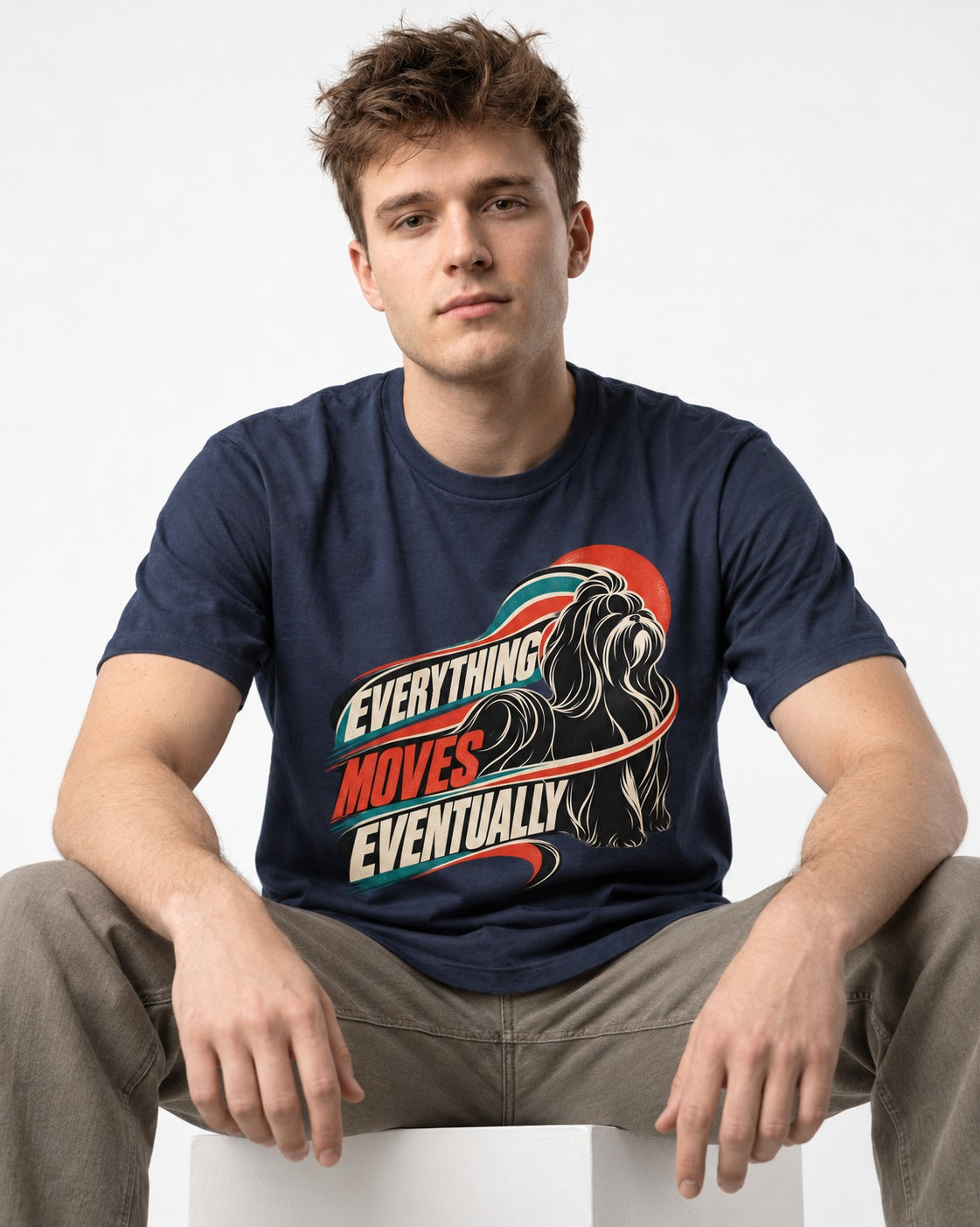 Shih Tzu Everything Moves Eventually Retro Speed Graphic T-Shirt in Navy, worn by a seated model