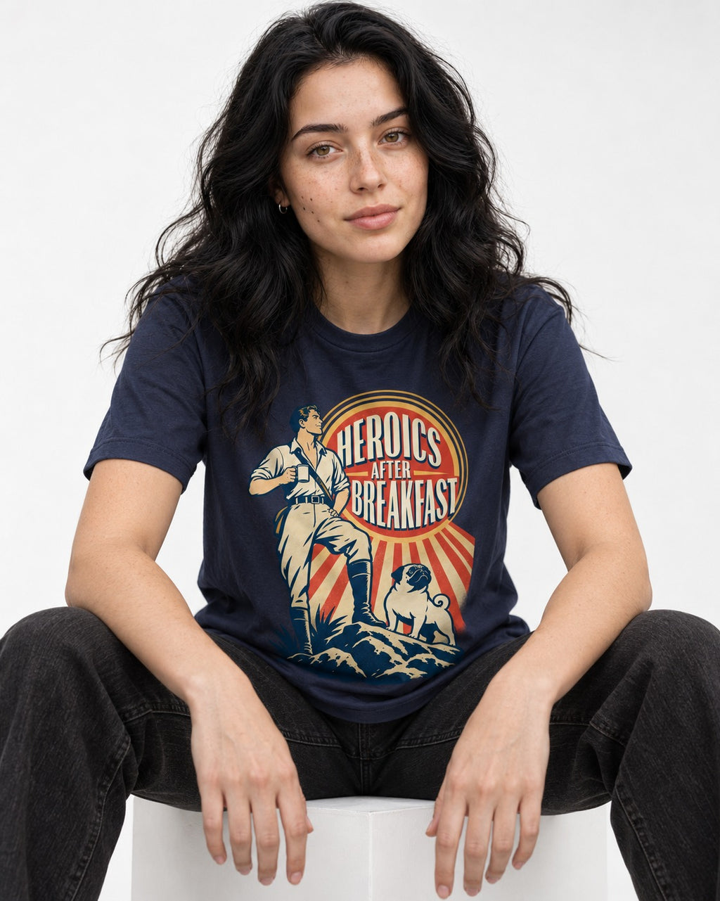 Pug Heroics After Breakfast Adventure Graphic T-Shirt in Navy, worn by a seated model