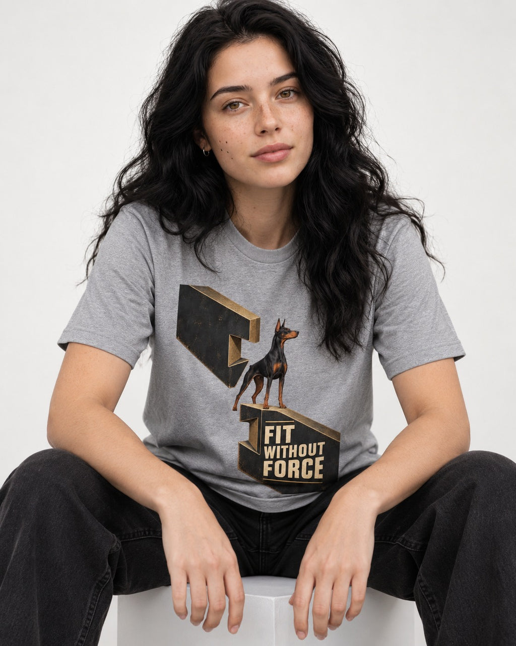 Doberman Fit Without Force T-Shirt in Sport Grey, worn by a seated model