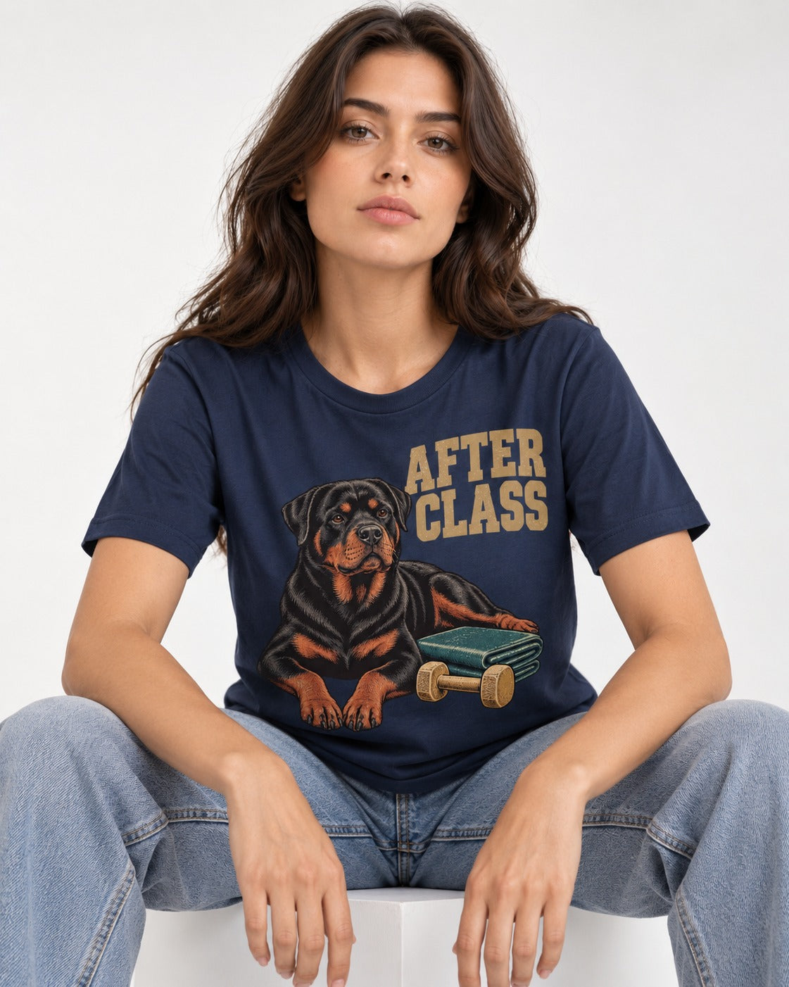 Rottweiler After Class Books and Dumbbell Graphic T-Shirt in Navy, worn by a seated model