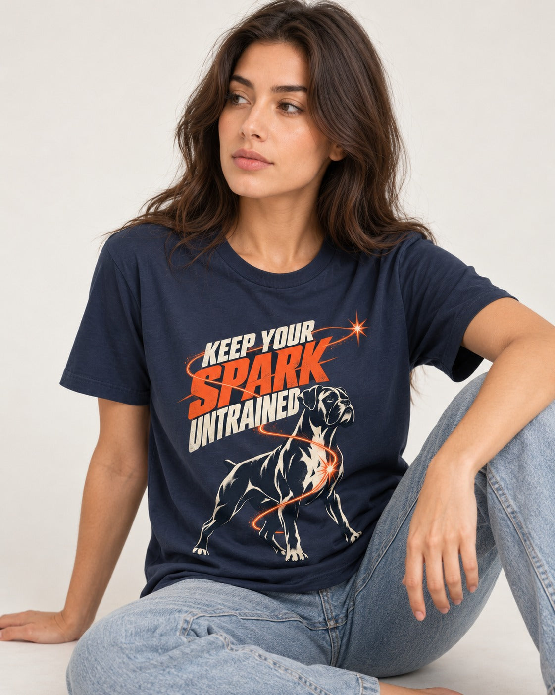 Boxer Keep Your Spark Untrained T-Shirt in Navy, worn by a seated model