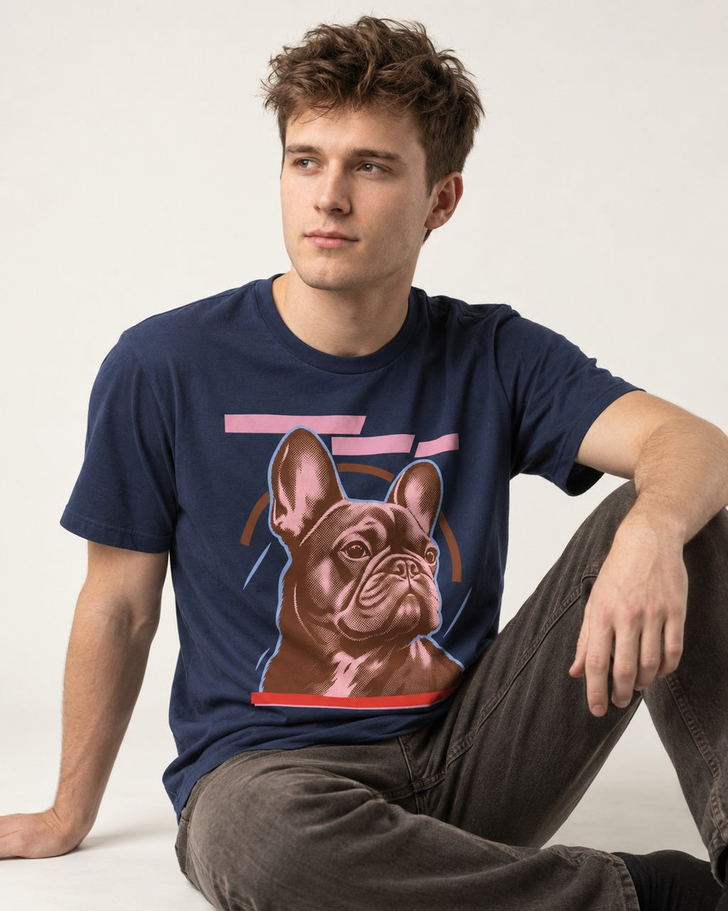 Frenchie Geometric Portrait Graphic T-Shirt in Navy, worn by a seated model