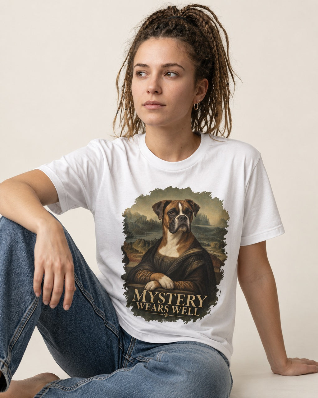 Mystery Wears Well Boxer Mona Lisa Portrait T-Shirt in White, worn by a seated model