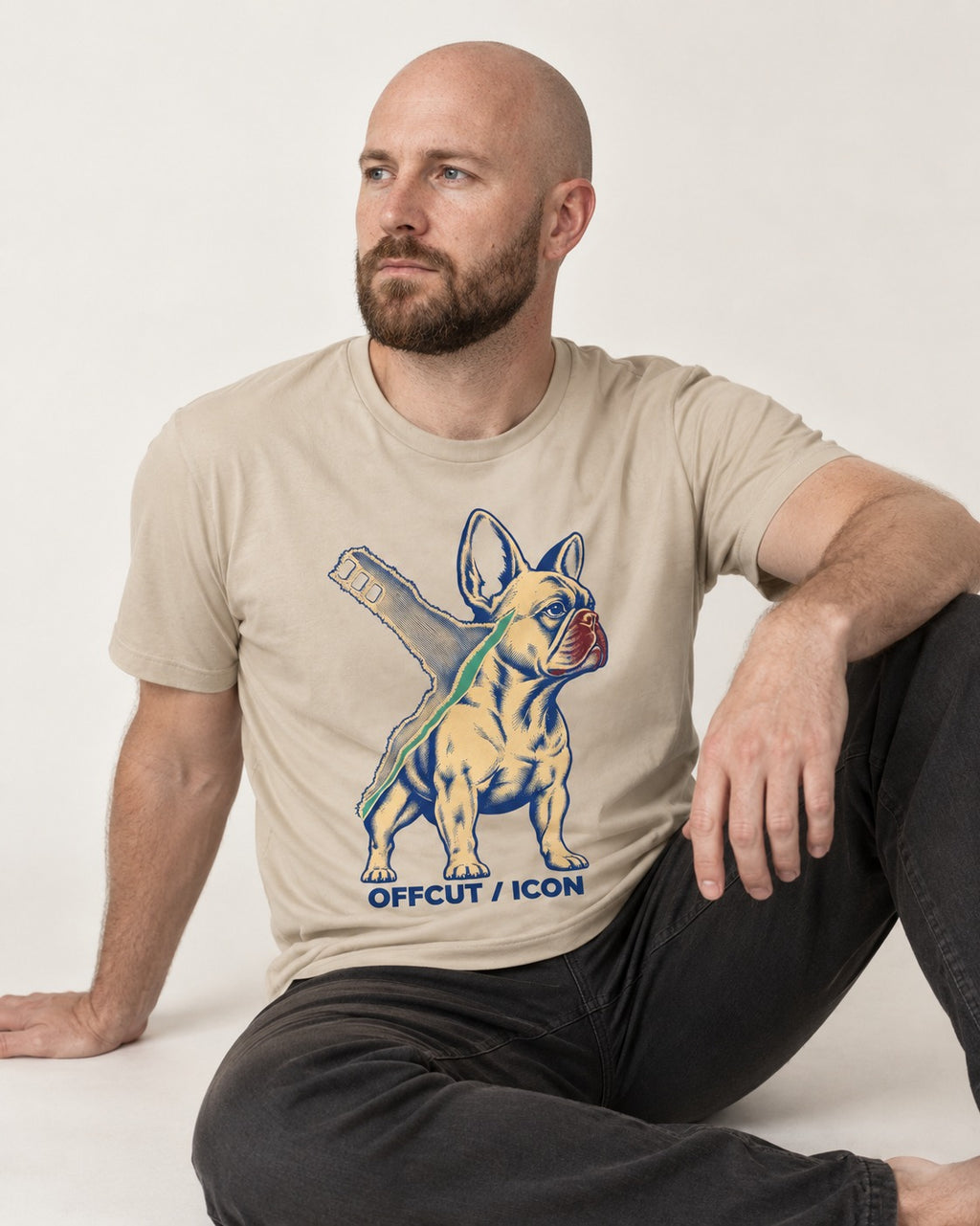 Offcut Frenchie Icon T-Shirt in Sand, worn by a seated model