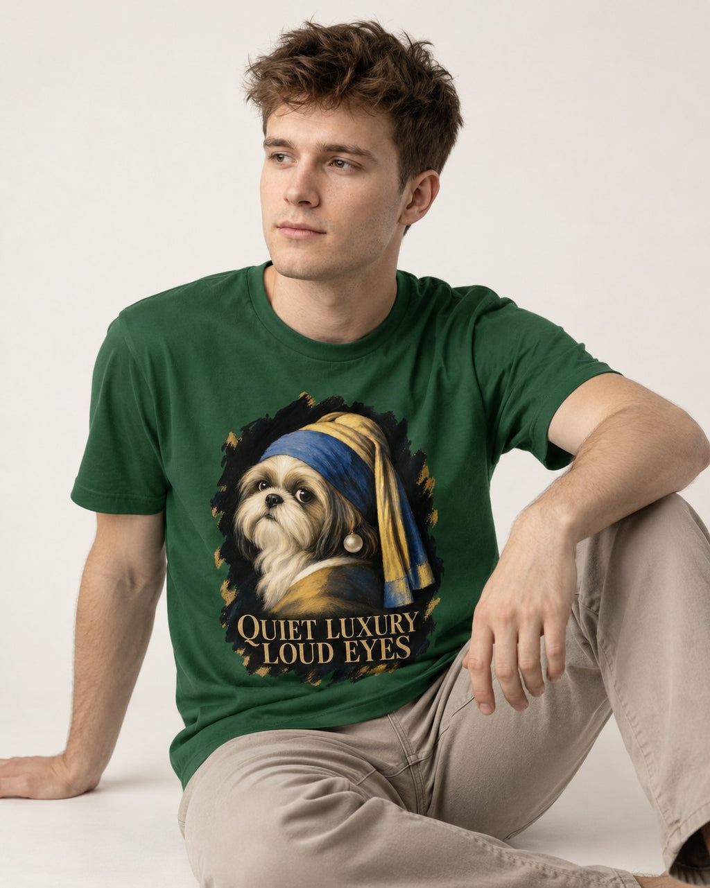 Shih Tzu Quiet Luxury Loud Eyes Pearl Portrait Graphic T-Shirt in Forest Green, worn by a seated model