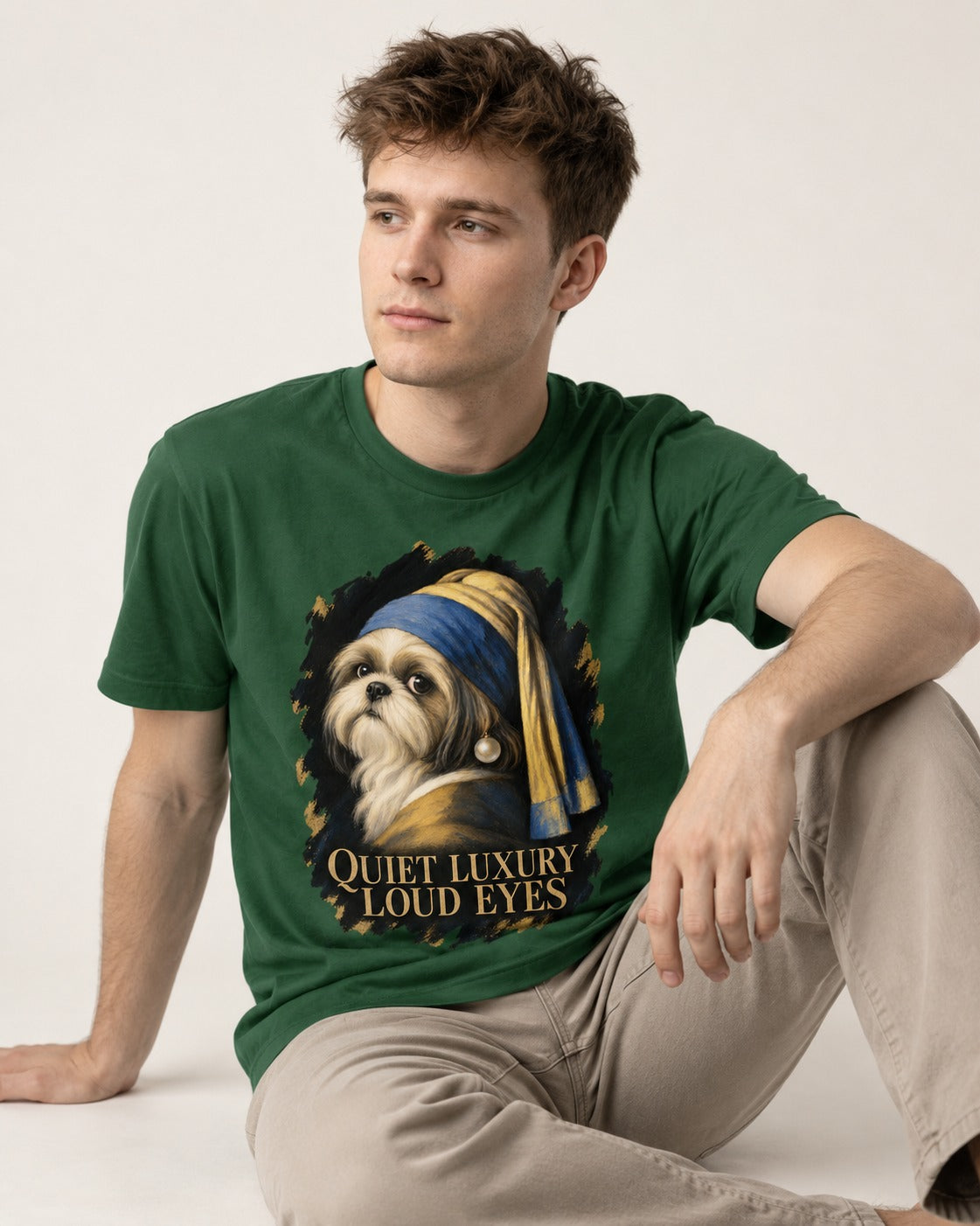 Shih Tzu Quiet Luxury Loud Eyes Pearl Portrait Graphic T-Shirt in Forest Green, worn by a seated model