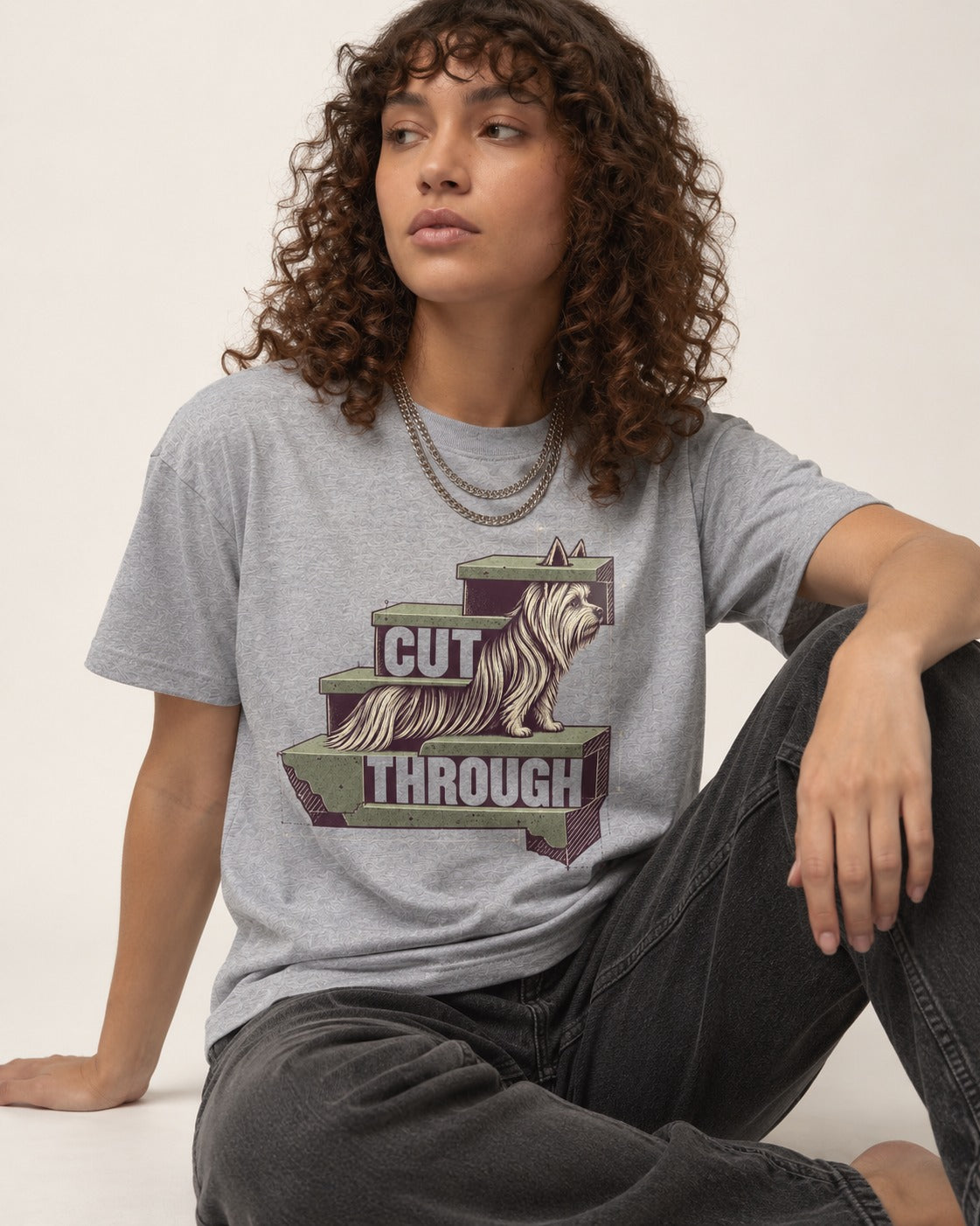 Yorkshire Terrier Cut Through T-Shirt in Sport Grey, worn by a seated model