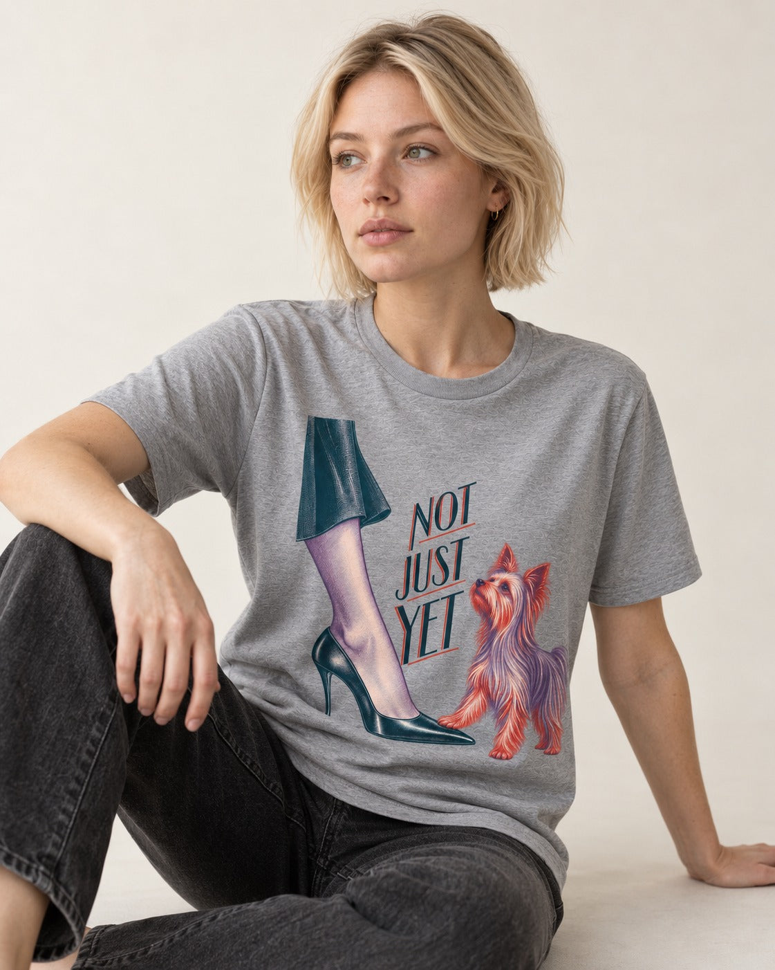 Not Just Yet Yorkshire Terrier T-Shirt in Sport Grey, worn by a seated model
