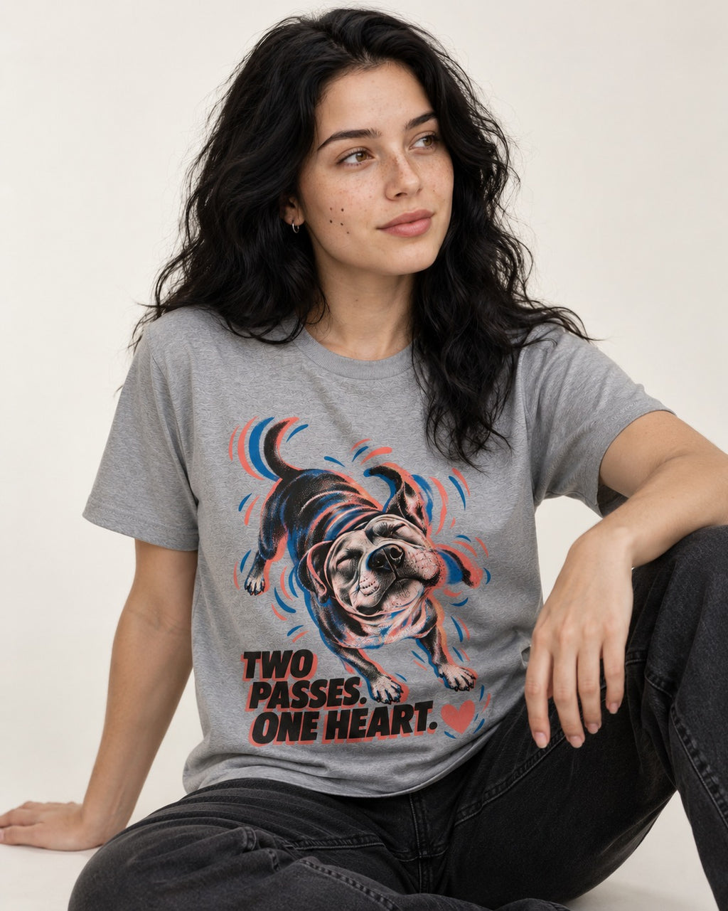 Two Passes One Heart Pitbull T-Shirt in Sport Grey, worn by a seated model