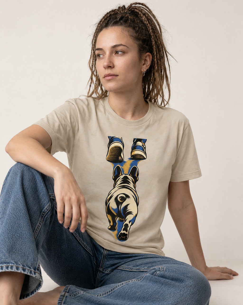 Frenchie Wherever I Go T-Shirt in Sand, worn by a seated model