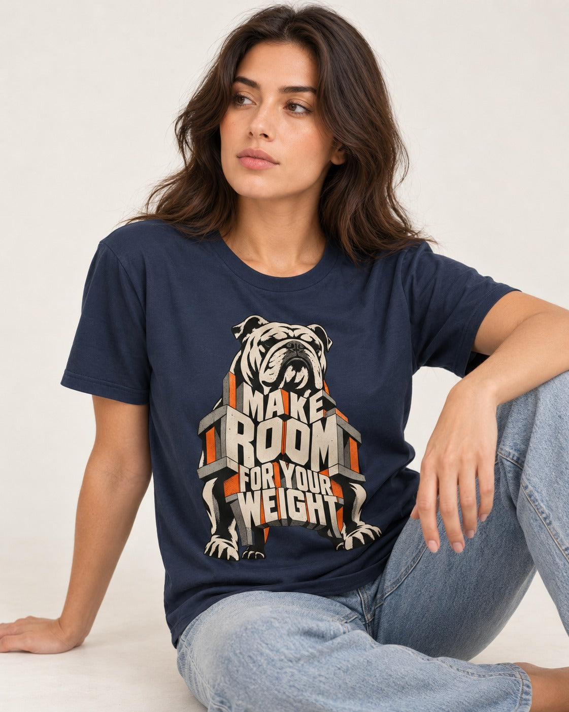 English Bulldog Make Room for Your Weight Dimensional Typography T-Shirt in Navy, worn by a seated model