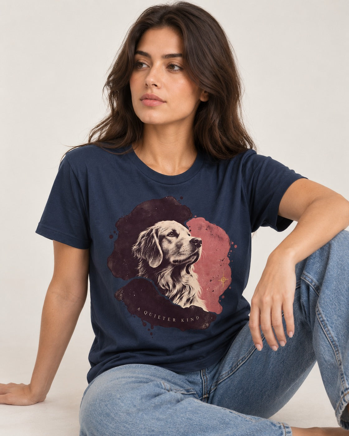 Golden Retriever A Quieter Kind Ink Wash Portrait Graphic T-Shirt in Navy, worn by a seated model