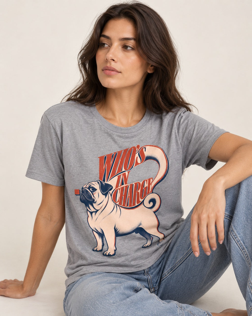 Pug In Charge T-Shirt in Sport Grey, worn by a seated model