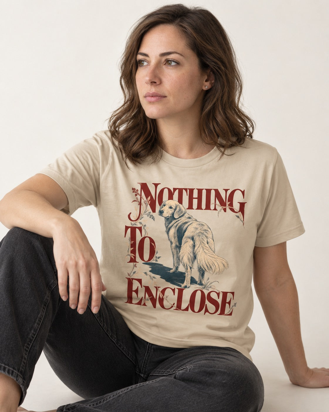 Golden Retriever Nothing to Enclose T-Shirt in Sand, worn by a seated model