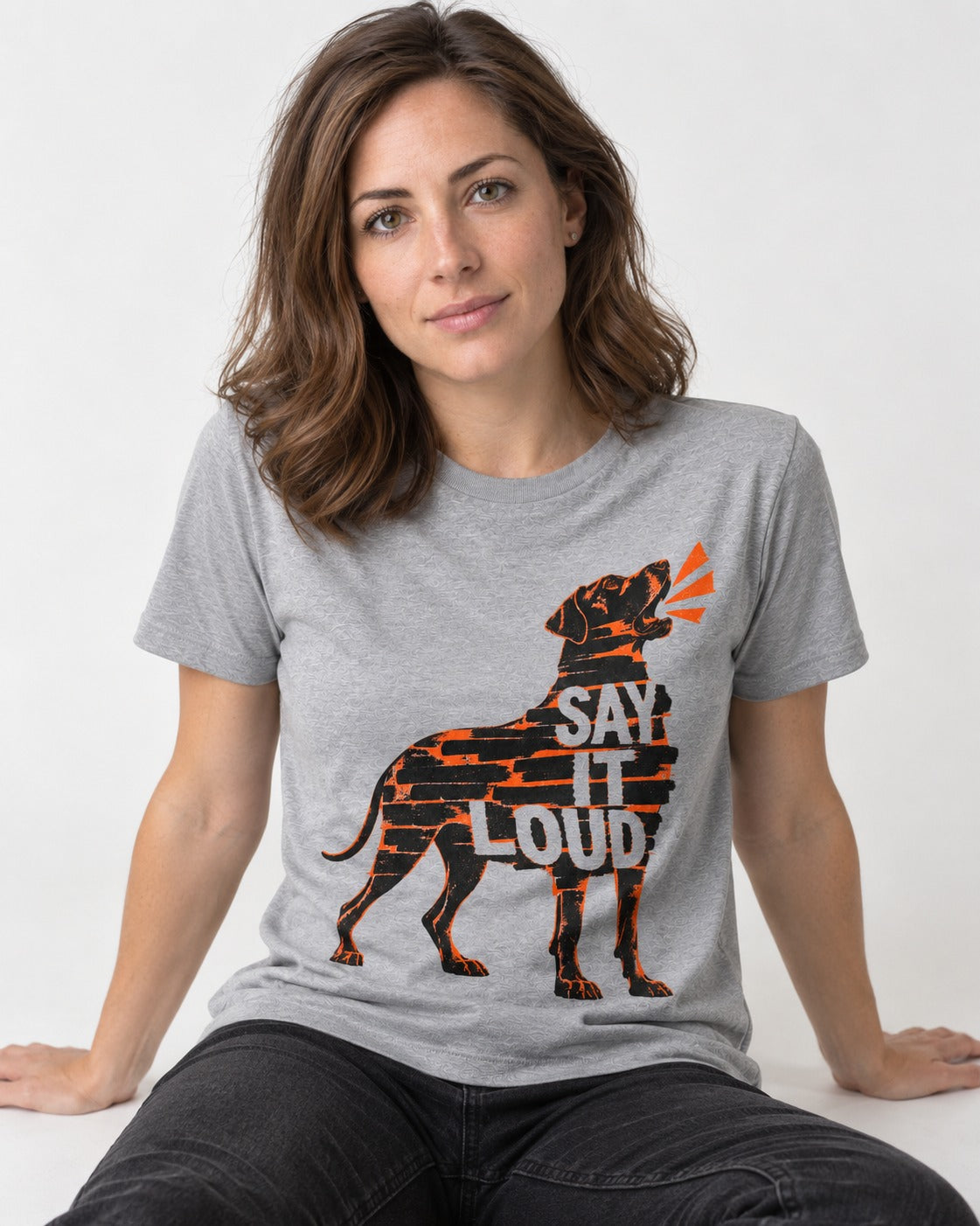 Great Dane Say It Loud T-Shirt in Sport Grey, worn by a seated model