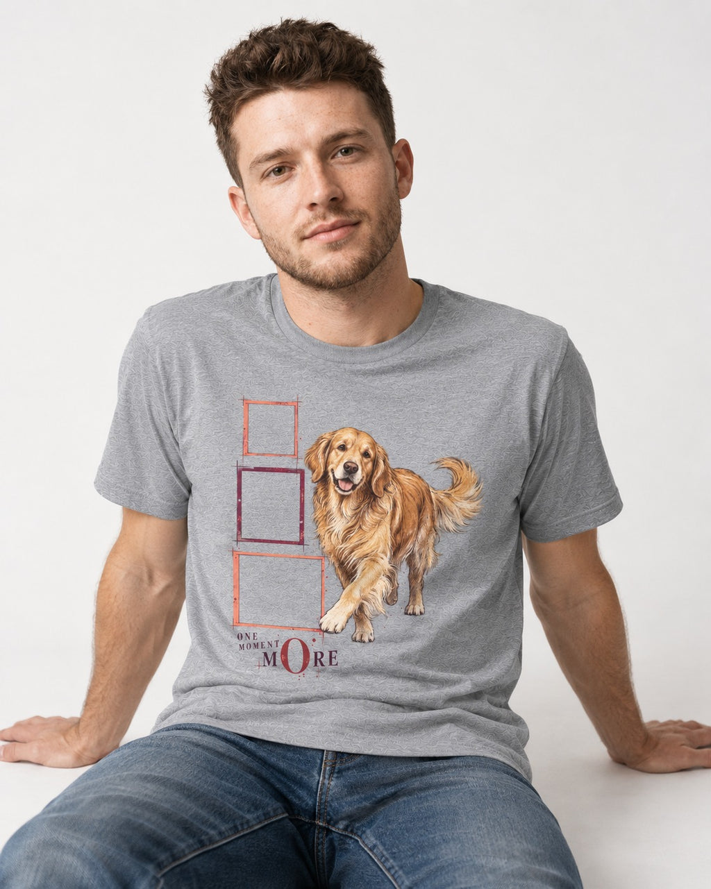 Golden Retriever One Moment More T-Shirt in Sport Grey, worn by a seated model
