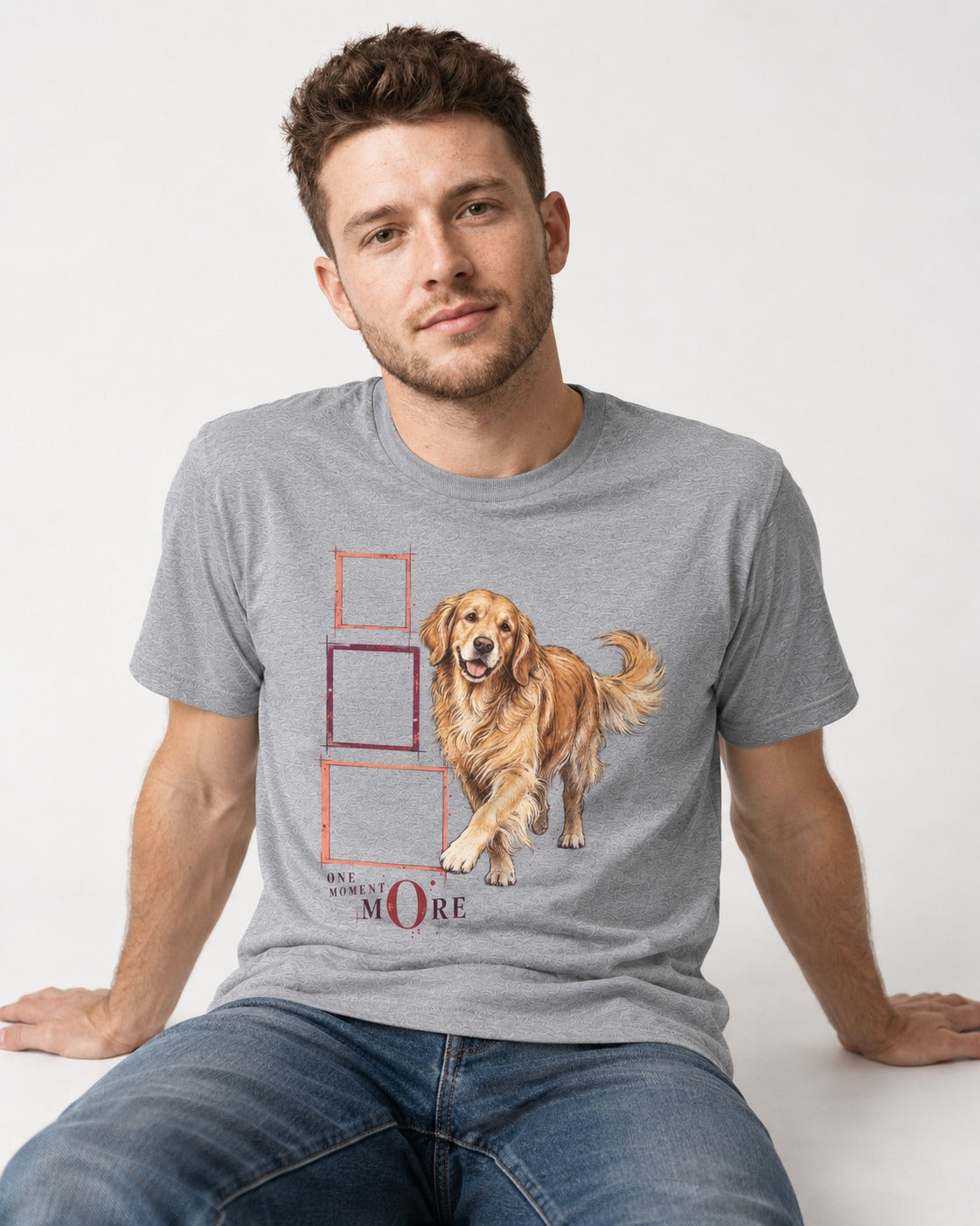 Golden Retriever One Moment More T-Shirt in Sport Grey, worn by a seated model