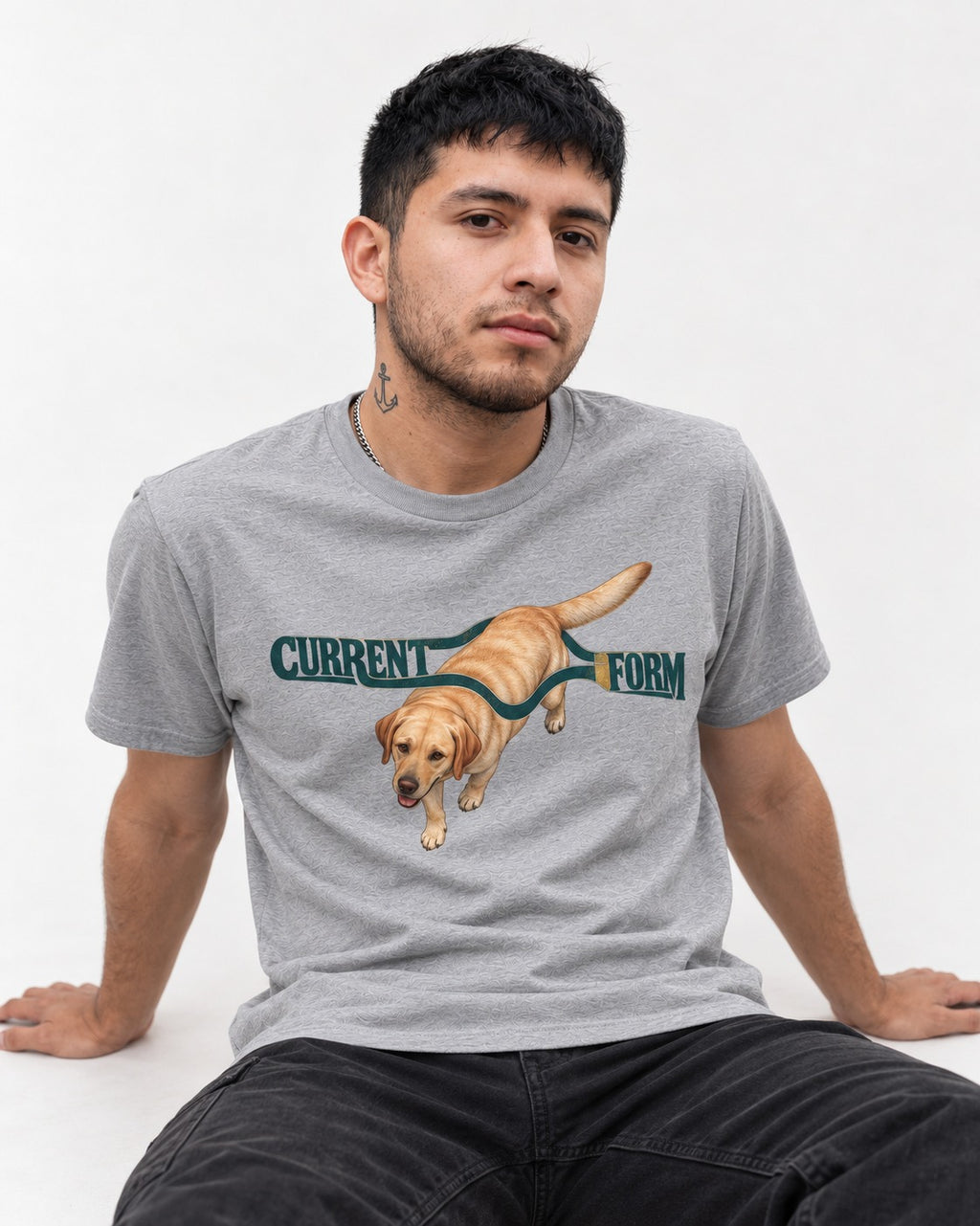 Labrador Retriever Current Form T-Shirt in Sport Grey, worn by a seated model