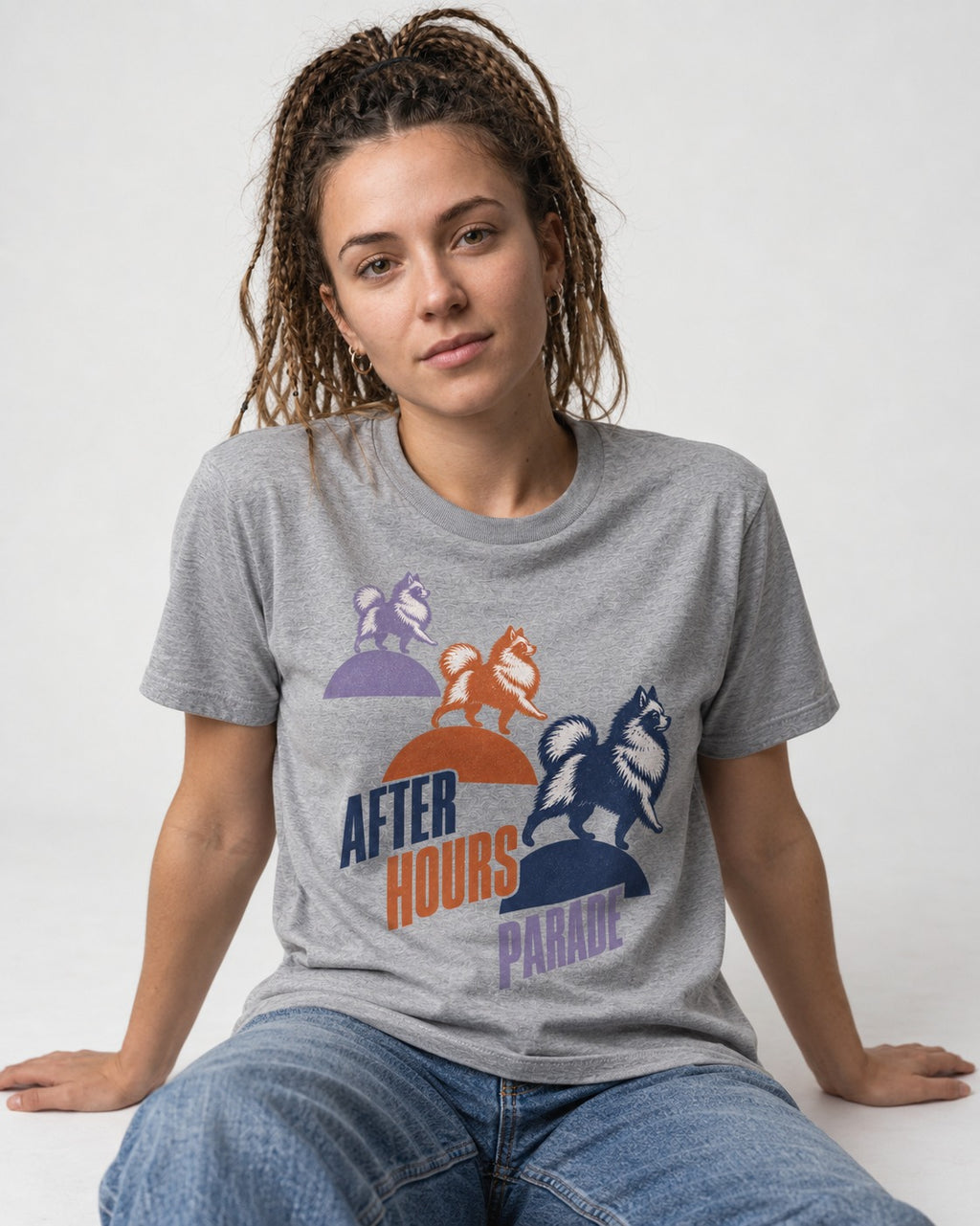 Pomeranian After Hours Parade T-Shirt in Sport Grey, worn by a seated model