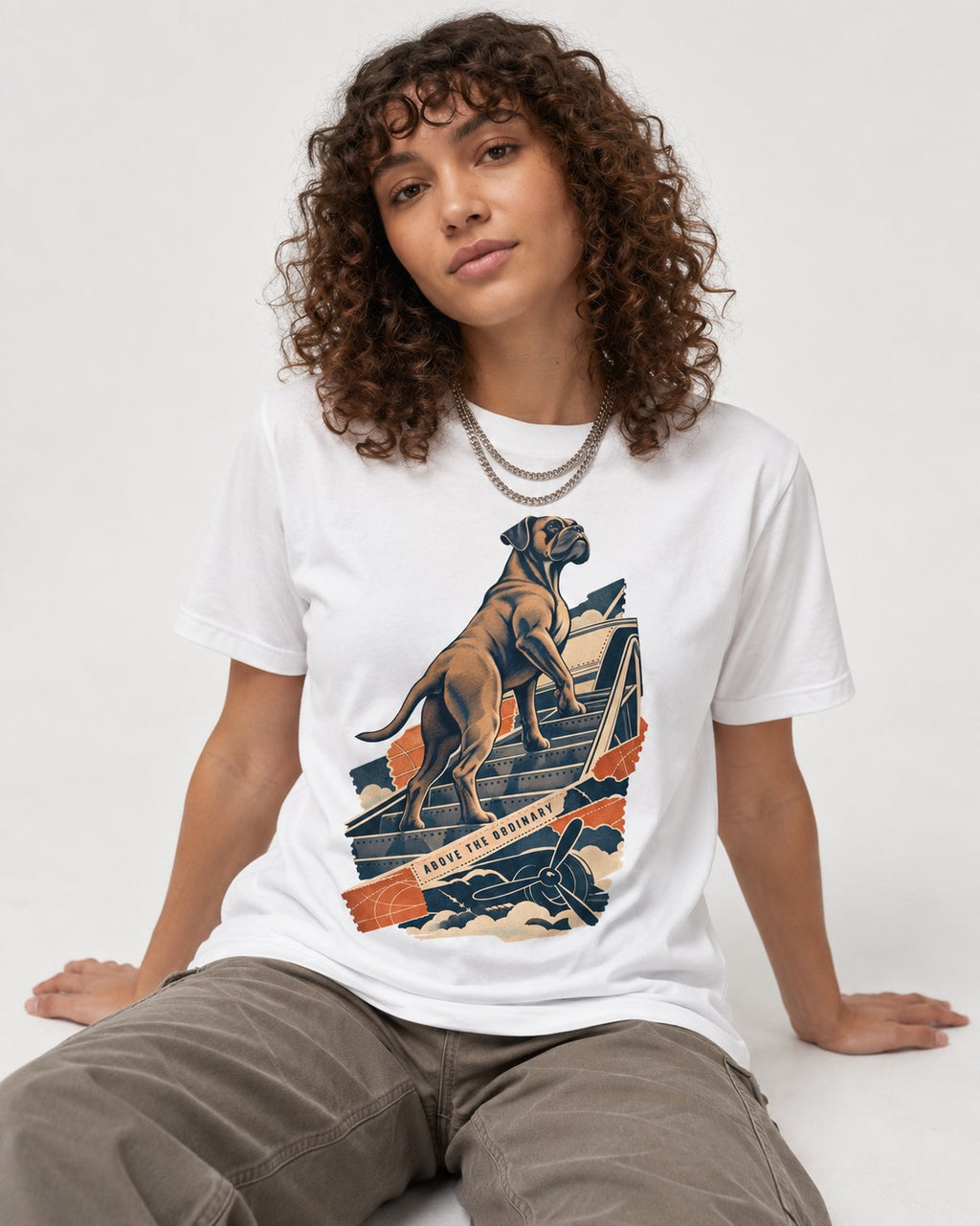Above the Ordinary Boxer Aviation Graphic T-Shirt in White, worn by a seated model