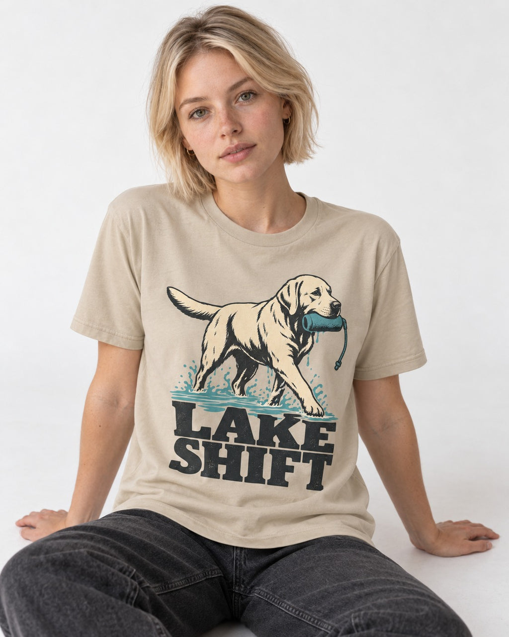 Lake Shift Labrador Retriever T-Shirt in Sand, worn by a seated model