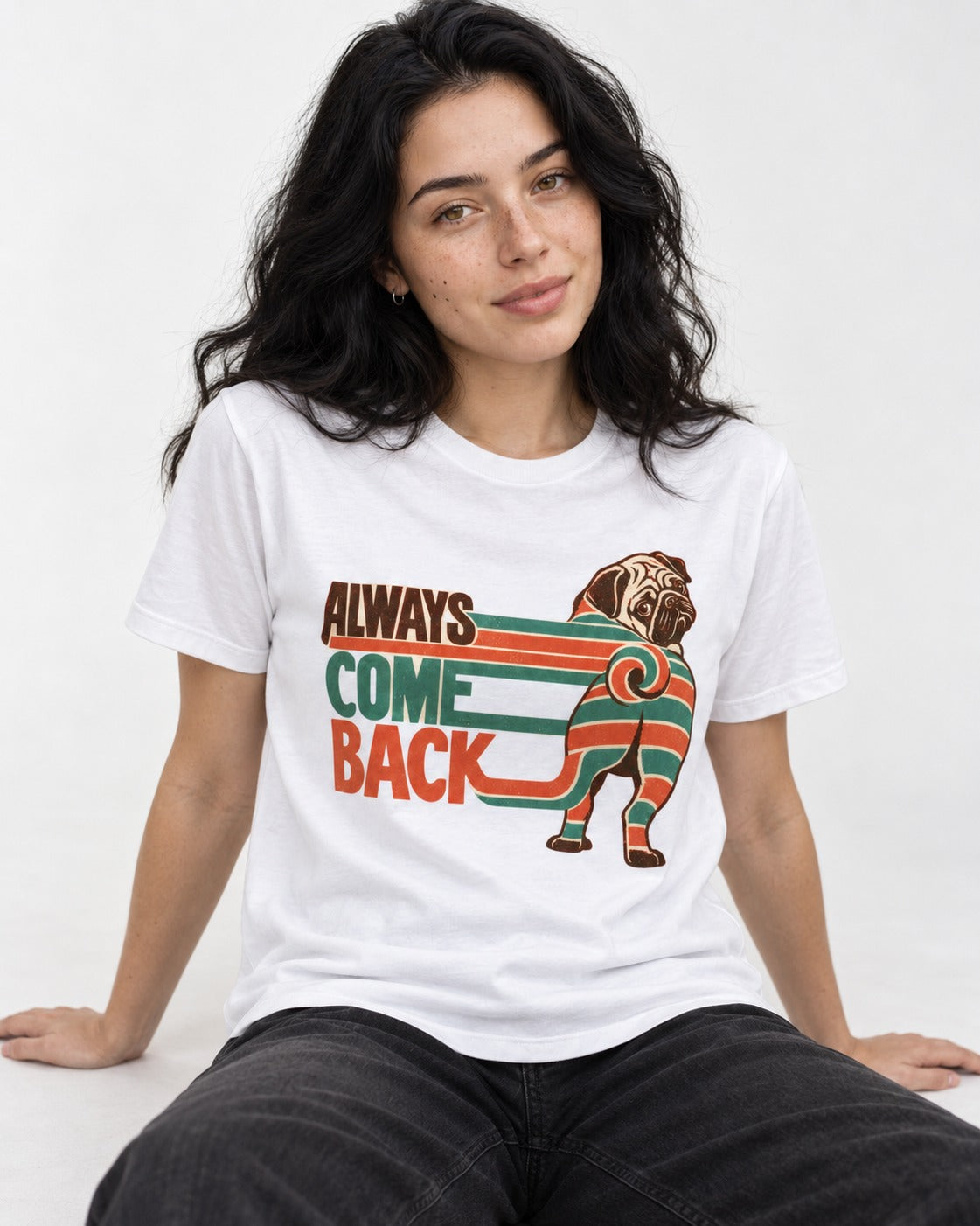 Pug Always Come Back Striped Body Graphic T-Shirt in White, worn by a seated model