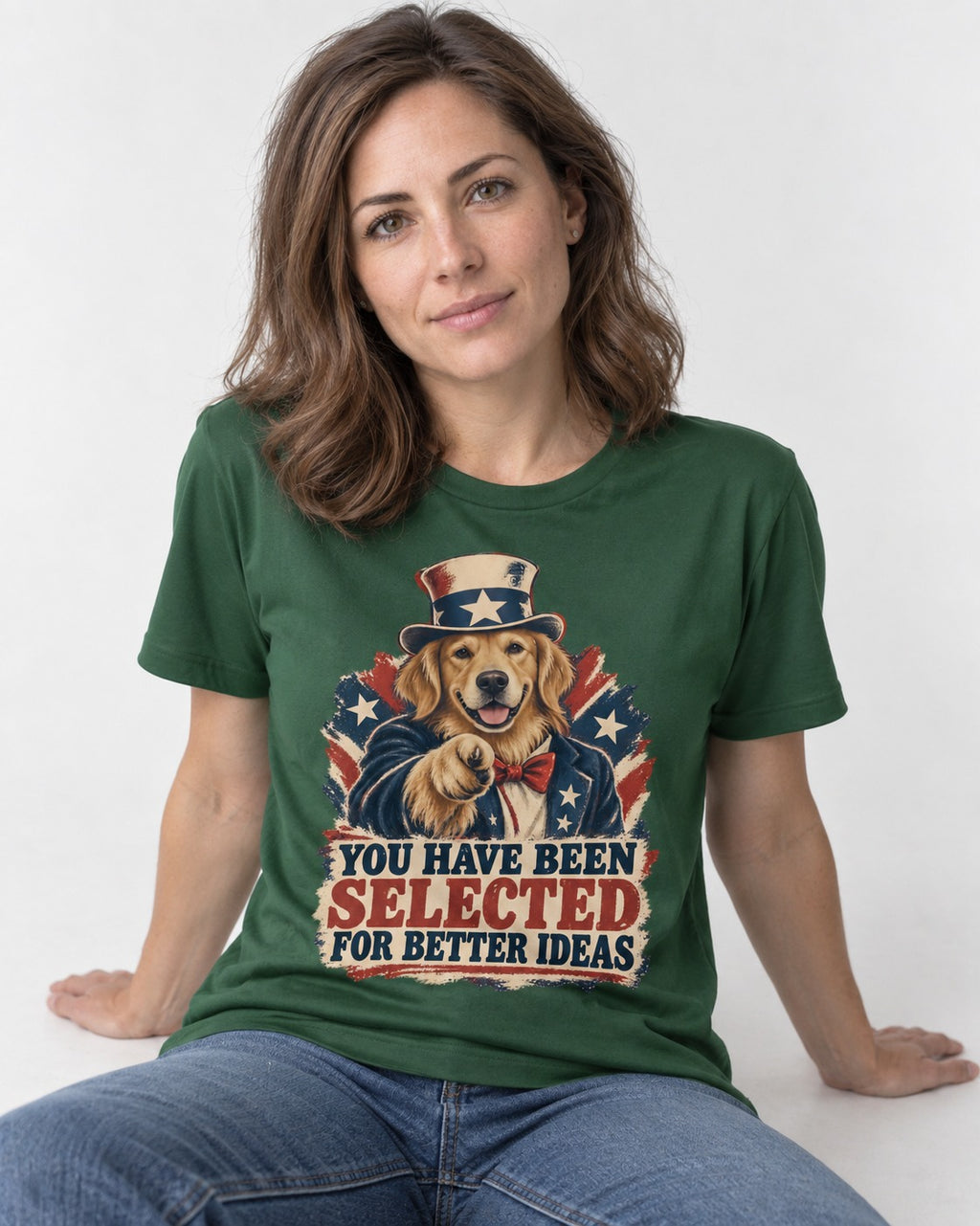 You Have Been Selected for Better Ideas Uncle Sam Golden Retriever Graphic T-Shirt in Forest Green, worn by a seated model