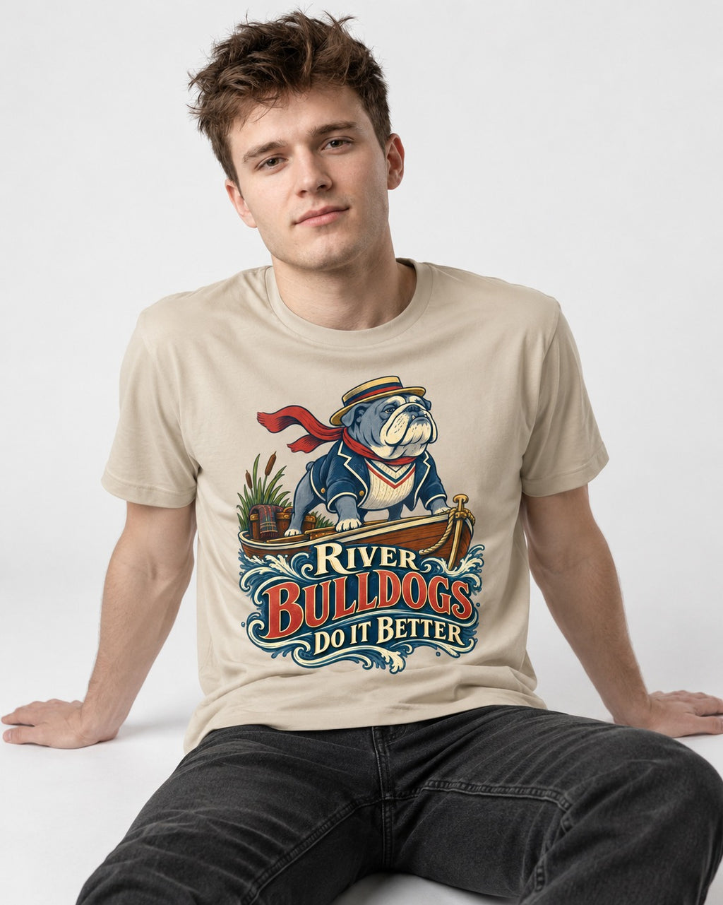 River English Bulldog Does It Better T-Shirt in Sand, worn by a seated model