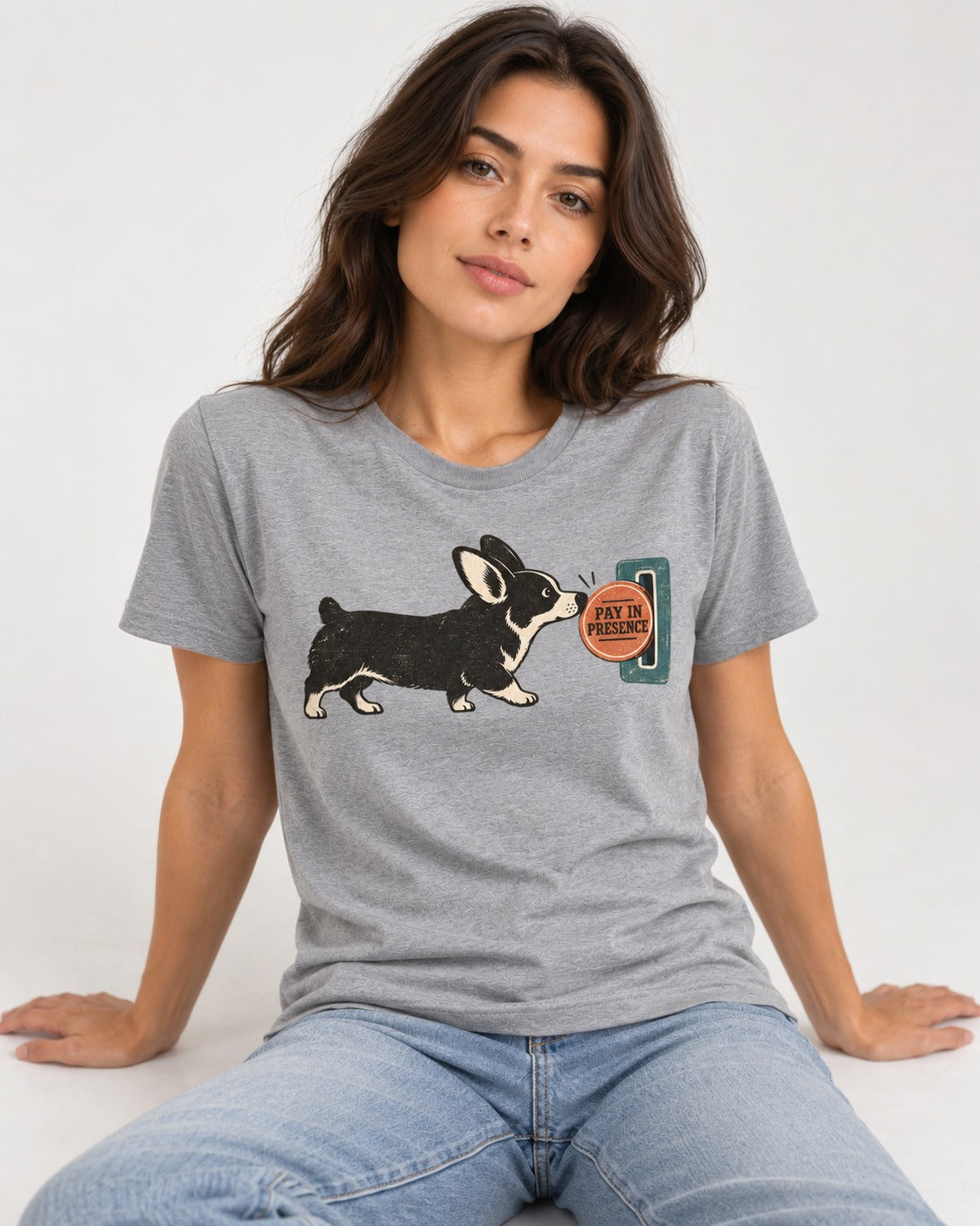 Corgi Pay in Presence T-Shirt in Sport Grey, worn by a seated model