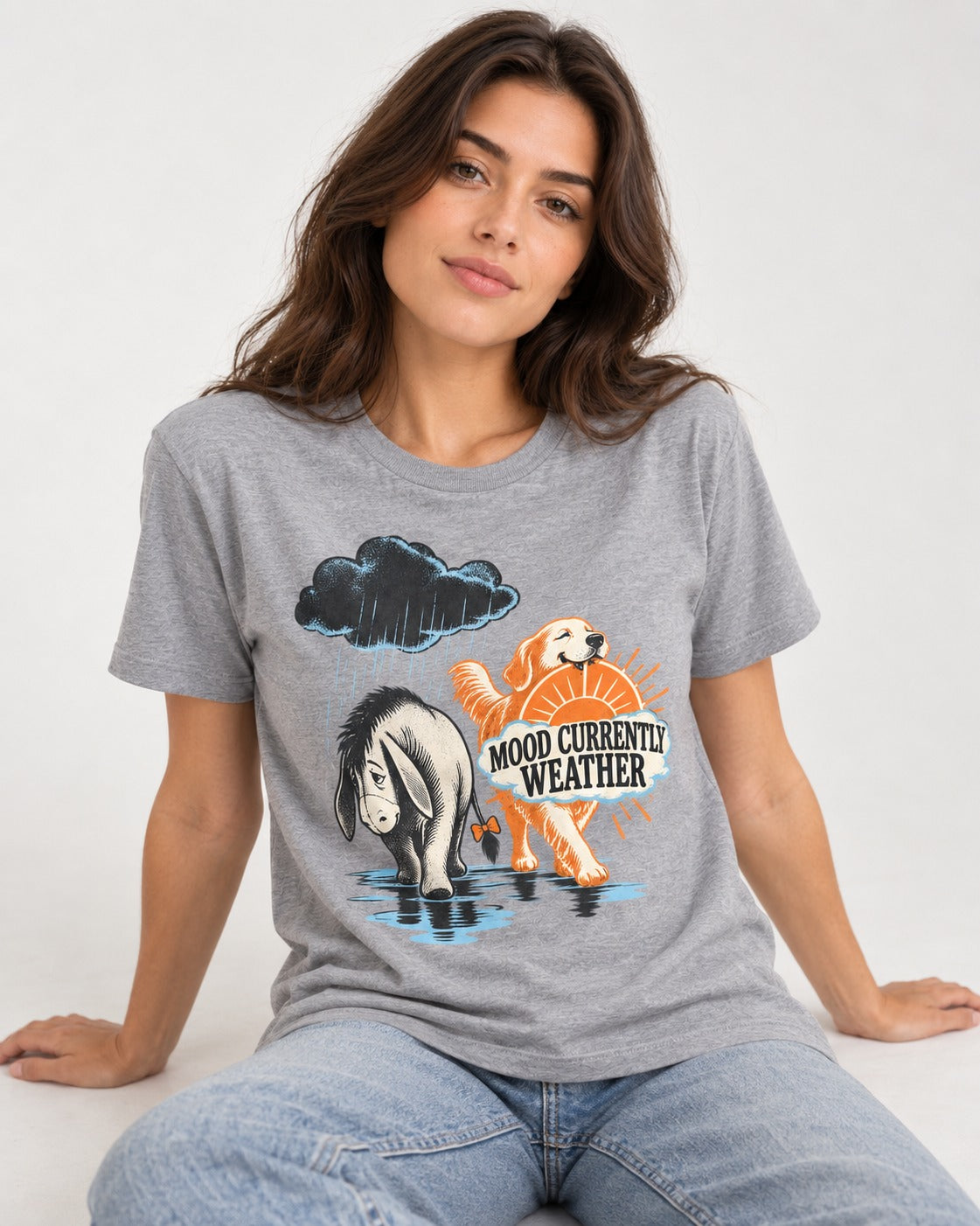 Mood Currently Golden Retriever Weather T-Shirt in Sport Grey, worn by a seated model