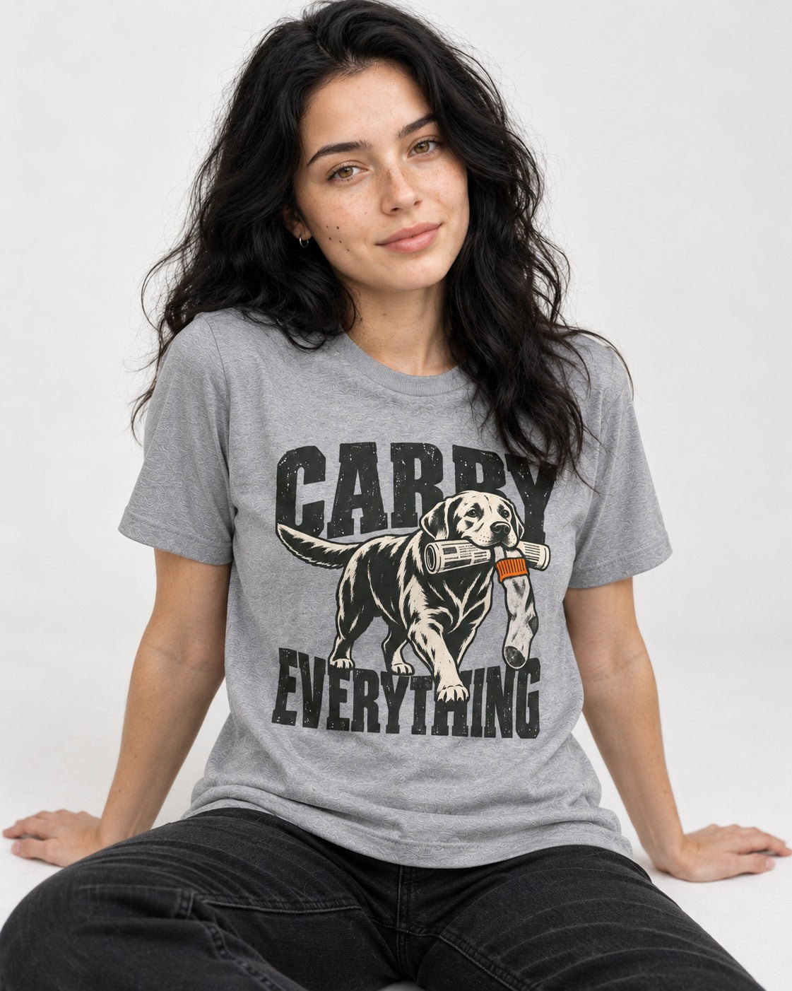 Carry Everything Labrador Retriever T-Shirt in Sport Grey, worn by a seated model