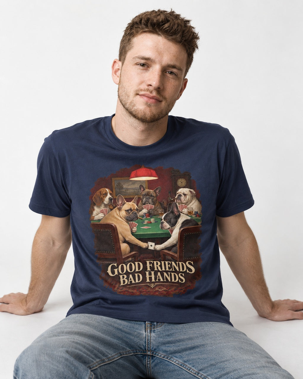 Frenchie Good Friends Bad Hands Poker Graphic T-Shirt in Navy, worn by a seated model