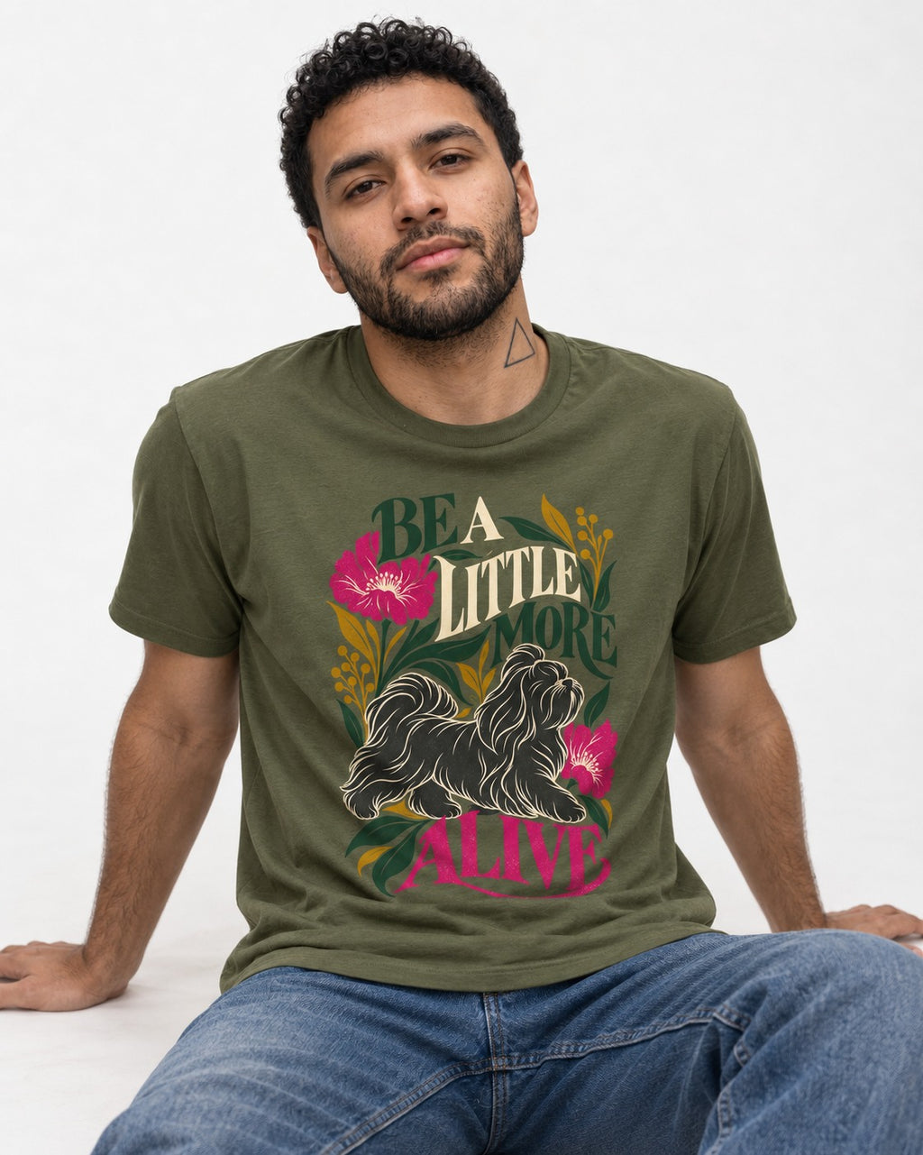 Shih Tzu Be a Little More Alive Botanical Graphic T-Shirt in Heather Military Green, worn by a seated model