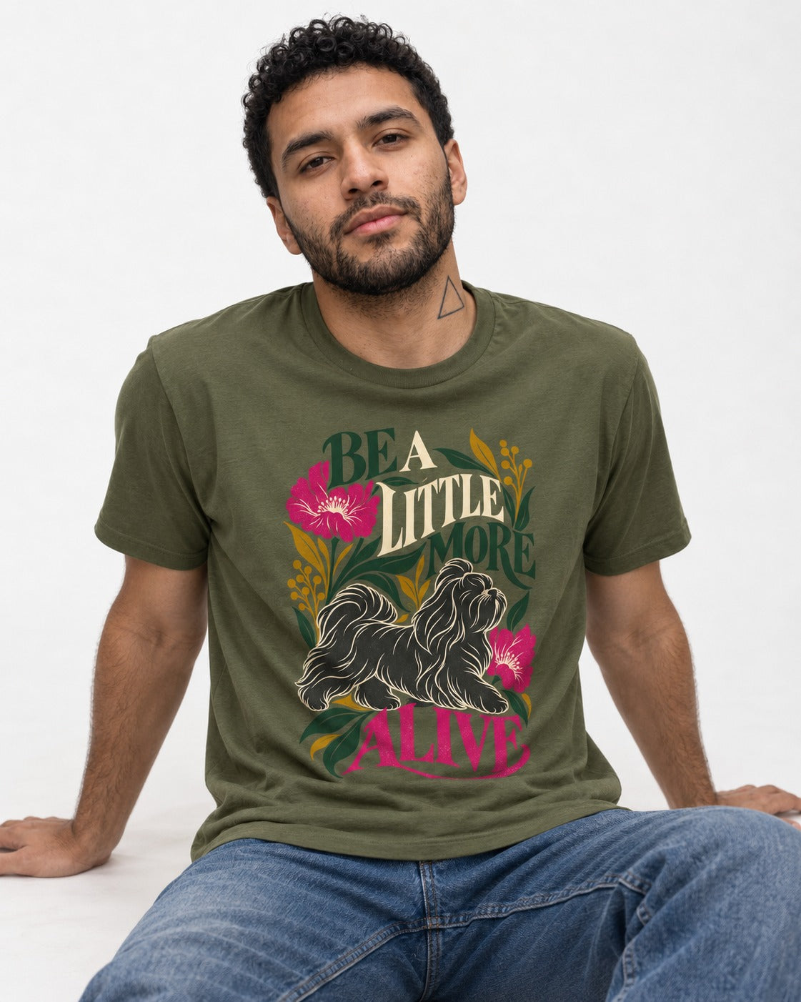 Shih Tzu Be a Little More Alive Botanical Graphic T-Shirt in Heather Military Green, worn by a seated model