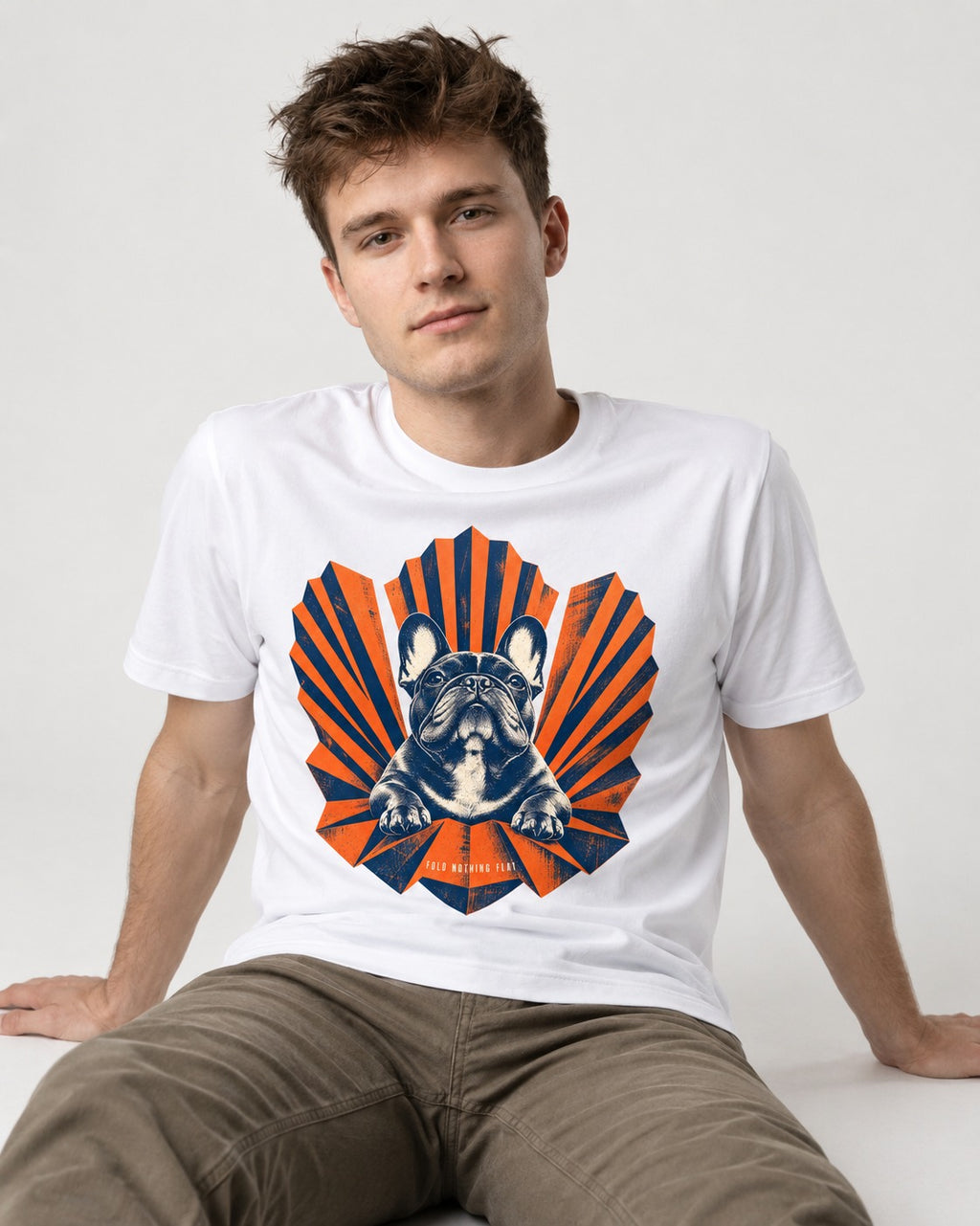 Frenchie Fold Nothing Flat Geometric Fan Graphic T-Shirt in White, worn by a seated model