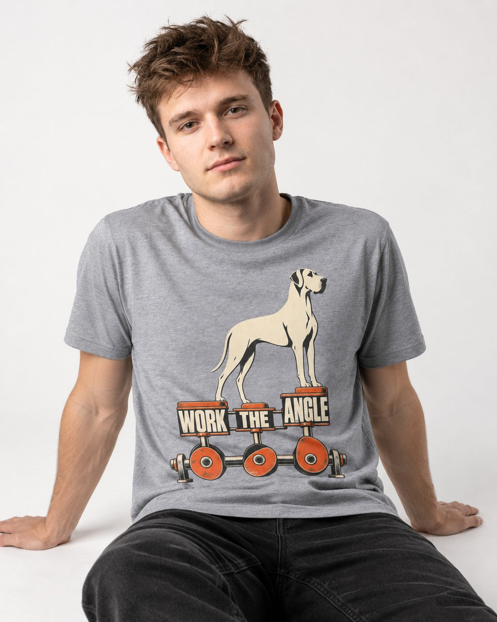 Great Dane Work the Angle T-Shirt in Sport Grey, worn by a seated model