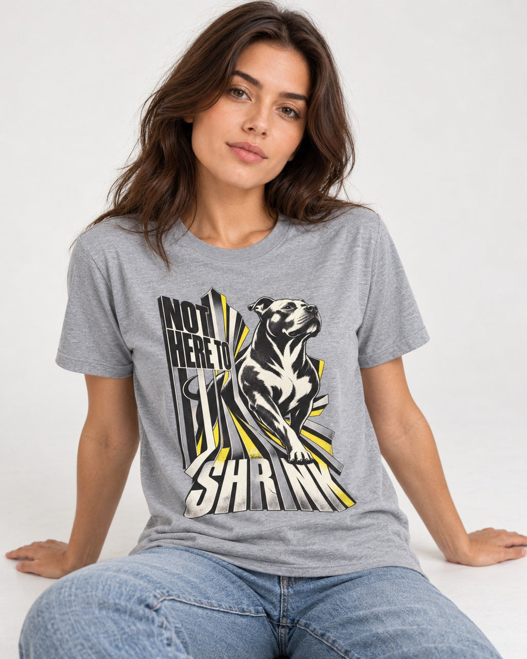 Not Here to Share Pitbull T-Shirt in Sport Grey, worn by a seated model