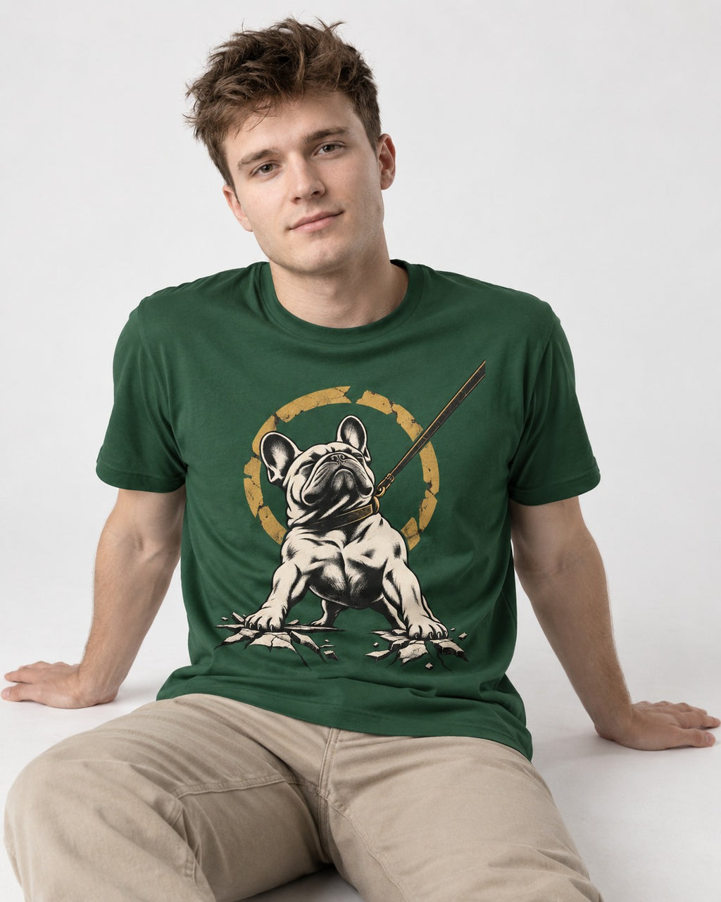 Frenchie Stubborn Leash Monument Graphic T-Shirt in Forest Green, worn by a seated model