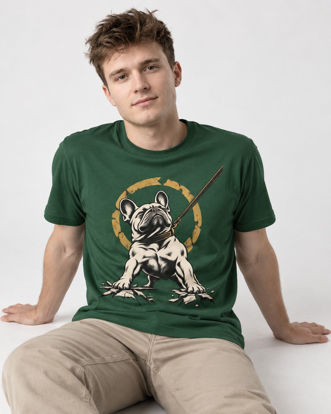 Frenchie Stubborn Leash Monument Graphic T-Shirt in Forest Green, worn by a seated model