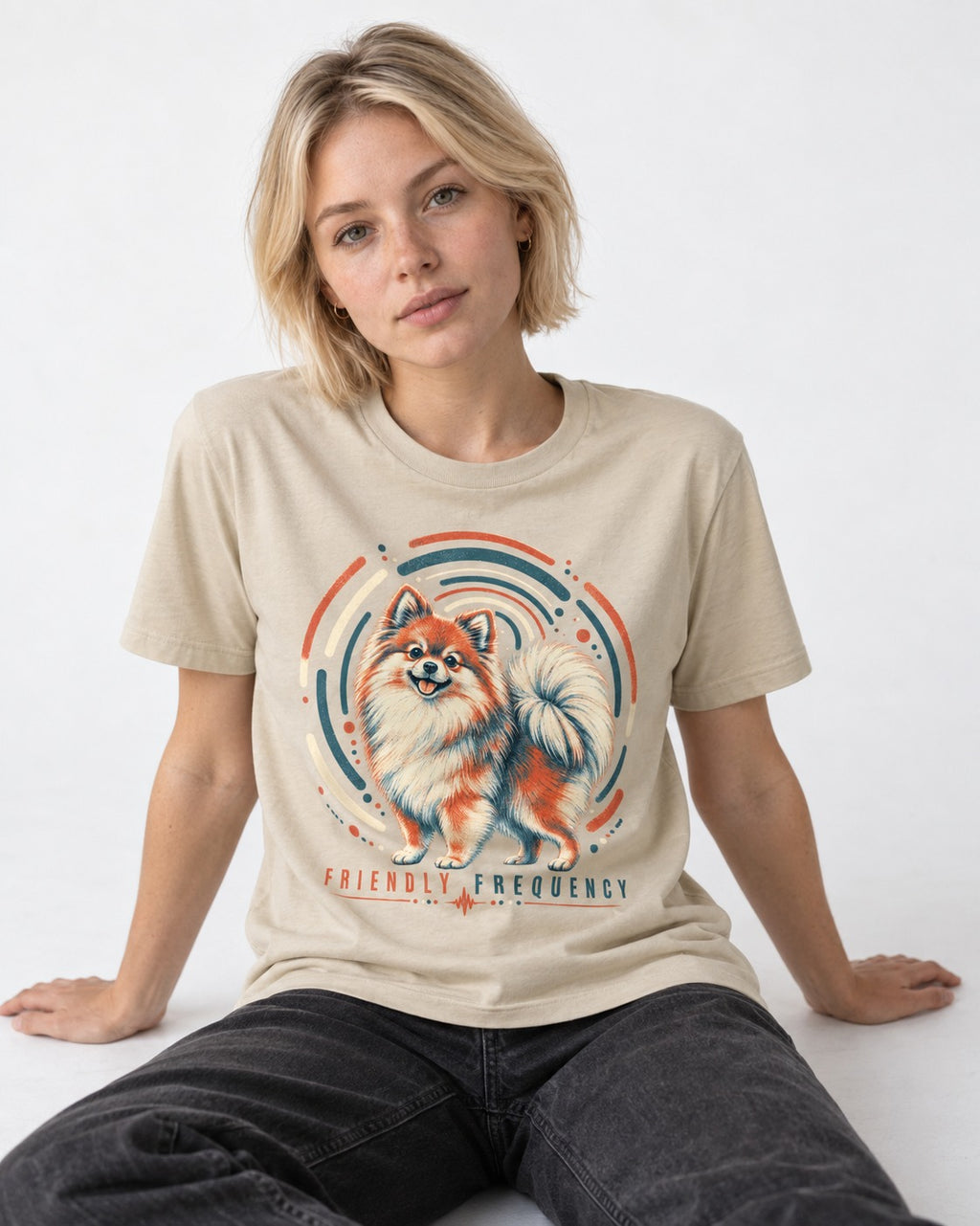 Friendly Frequency Pomeranian T-Shirt in Sand, worn by a seated model