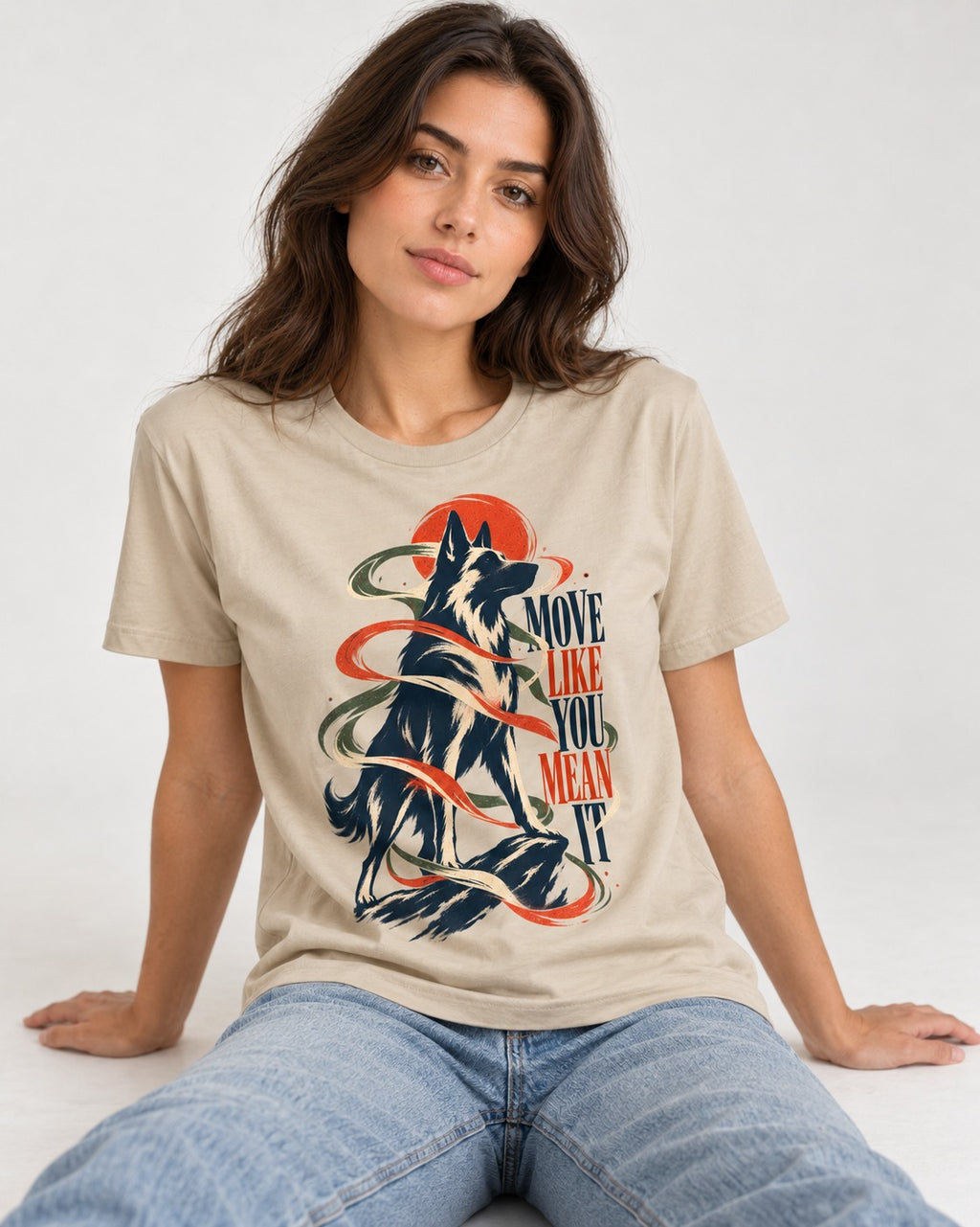 German Shepherd Dog Mean It T-Shirt in Sand, worn by a seated model