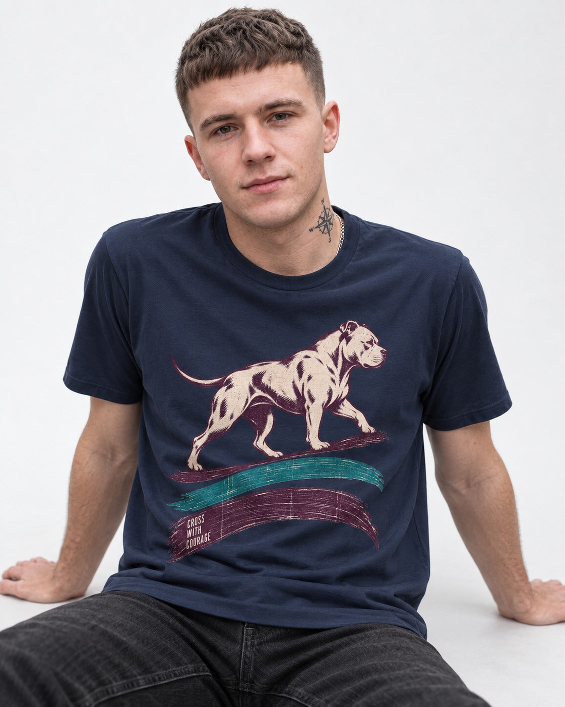 Pitbull Cross with Courage Brushstroke Graphic T-Shirt in Navy, worn by a seated model