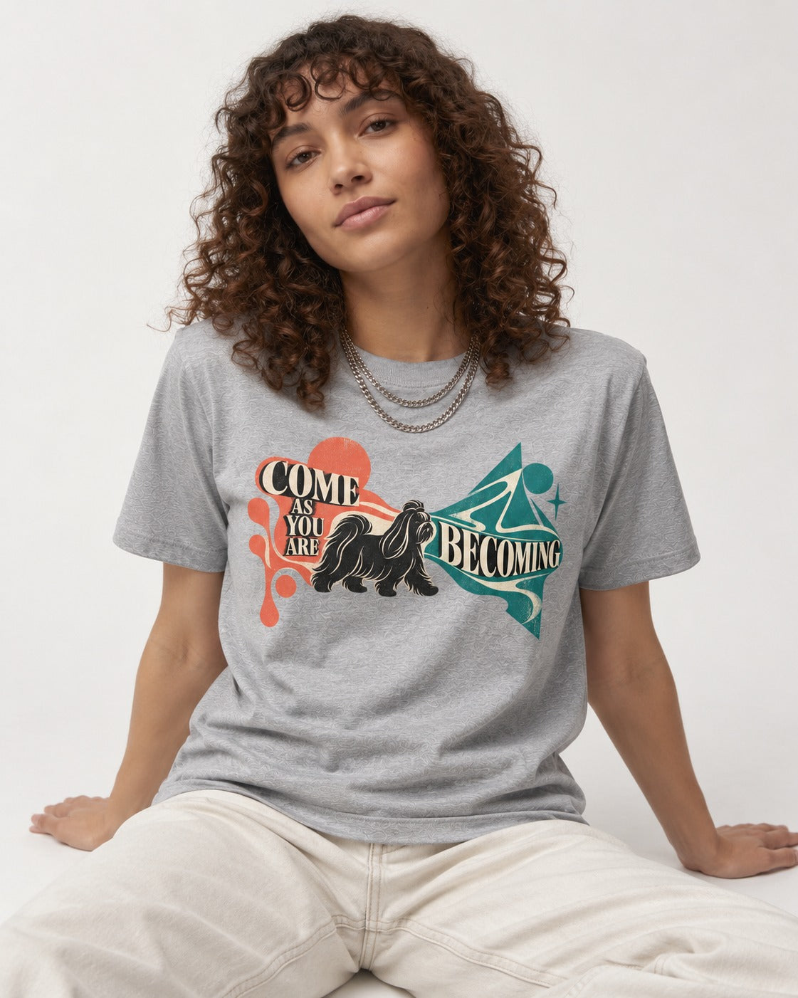 Come as You Are Shih Tzu T-Shirt in Sport Grey, worn by a seated model