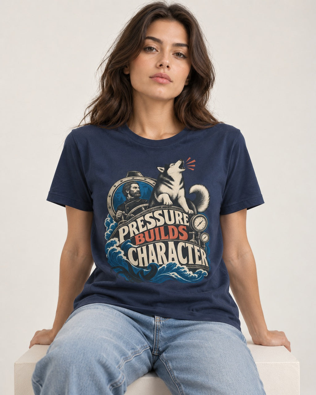 Husky Pressure Builds Character Deep Sea Graphic T-Shirt in Navy, worn by a seated model