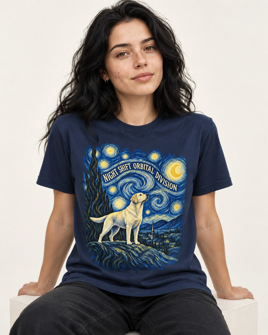 Labrador Retriever Night Shift Orbital Division Starry Night Graphic T-Shirt in Navy, worn by a seated model