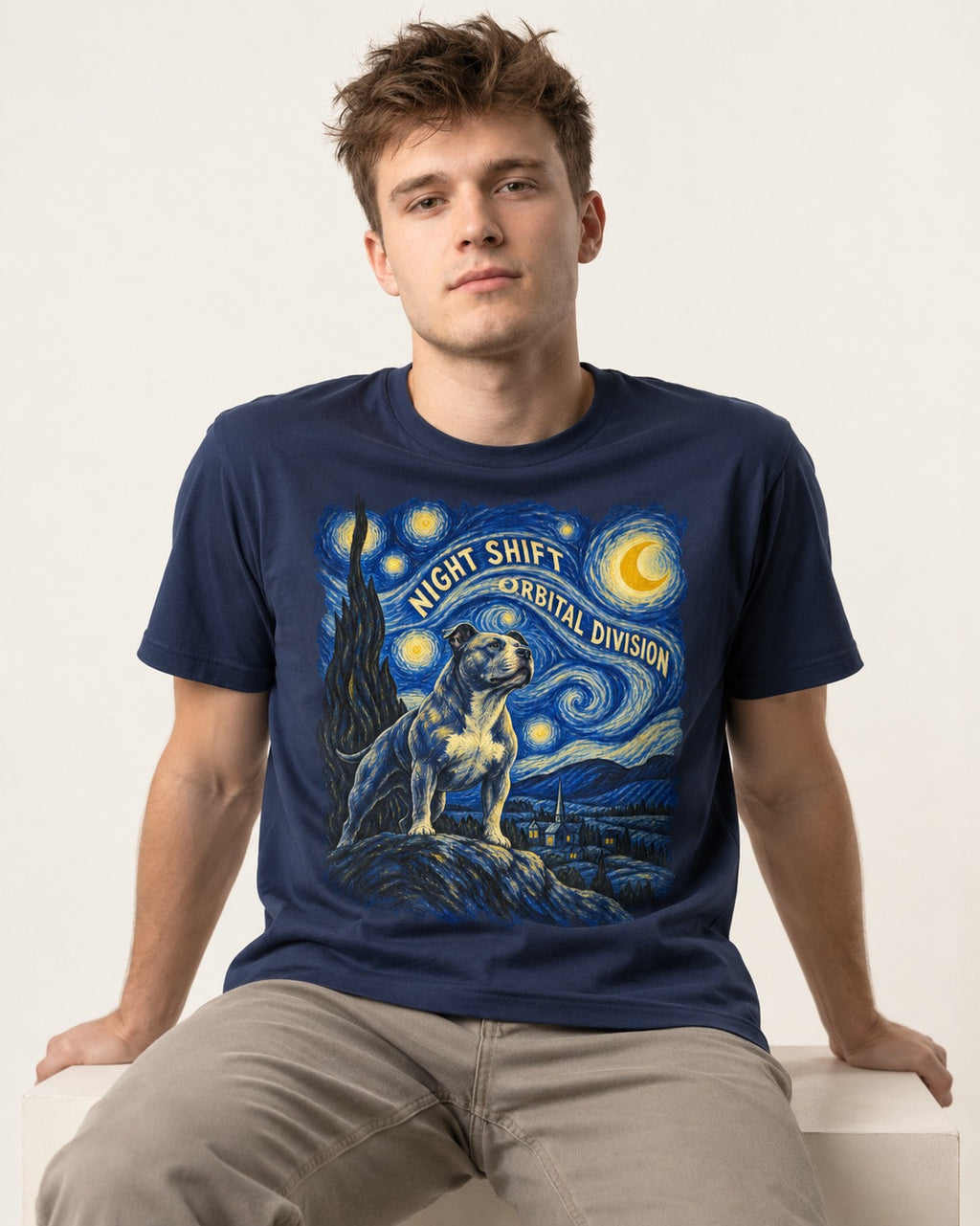 Pitbull Night Shift Orbital Division Starry Night Graphic T-Shirt in Navy, worn by a seated model