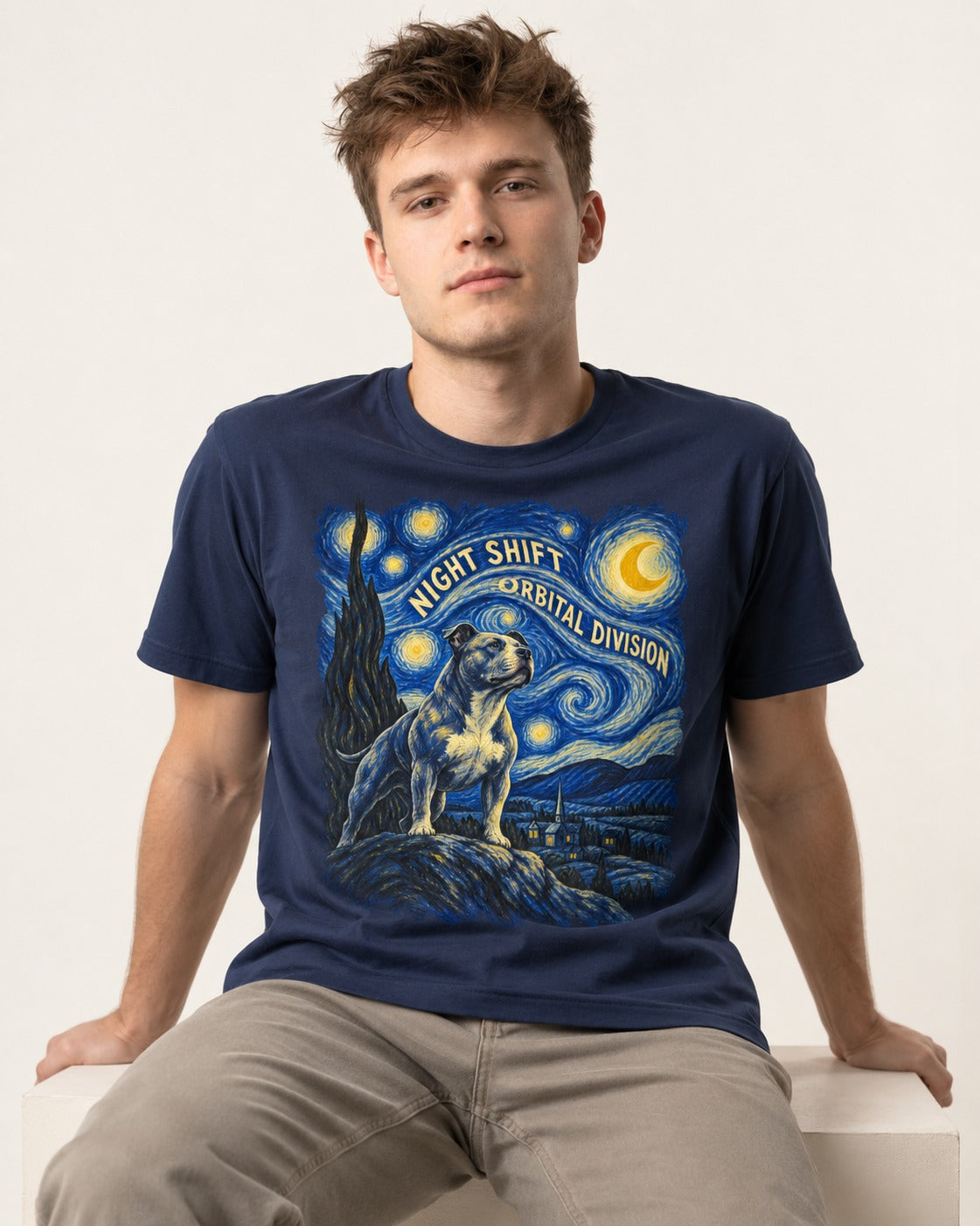 Pitbull Night Shift Orbital Division Starry Night Graphic T-Shirt in Navy, worn by a seated model