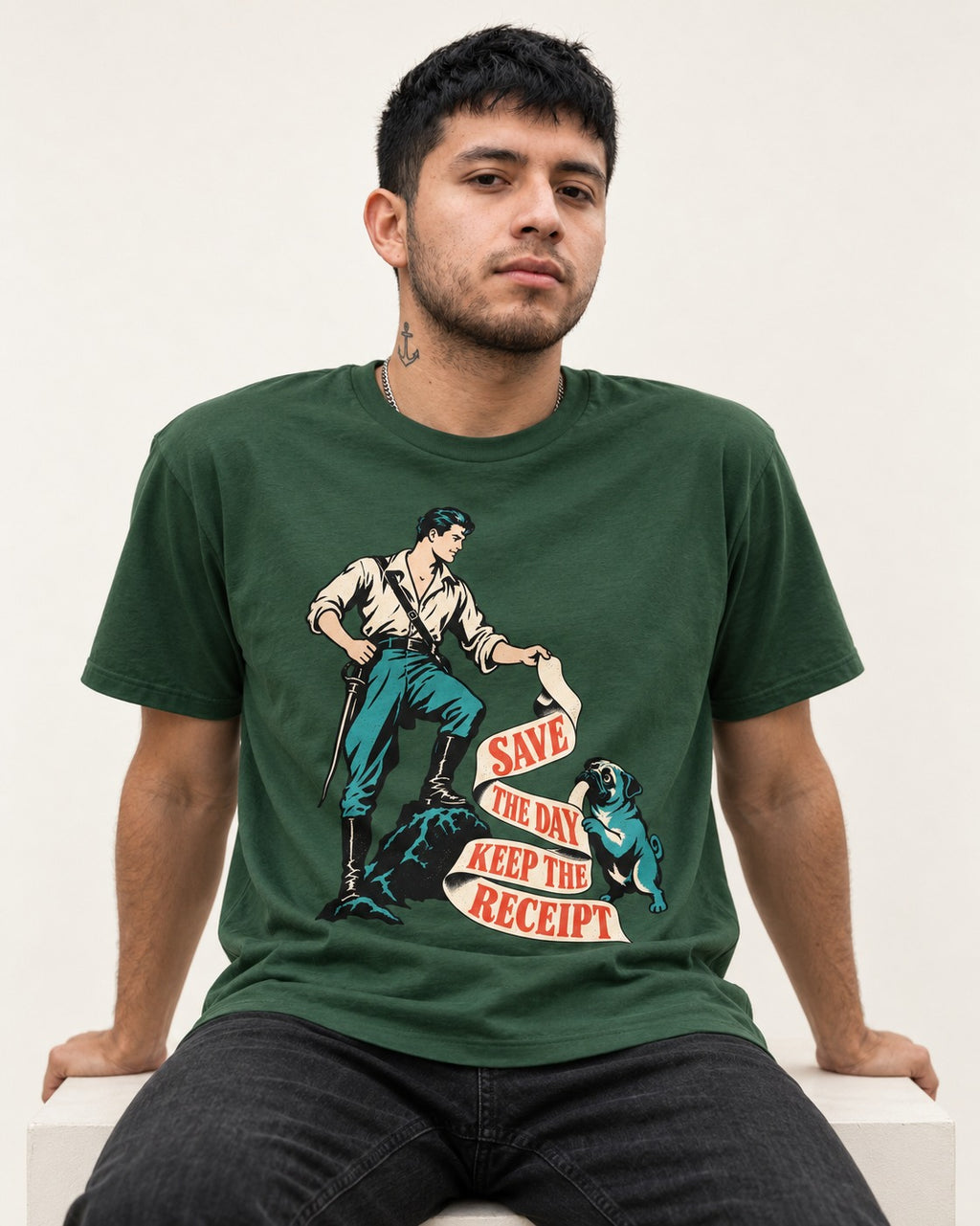 Pug Save the Day Keep the Receipt Hero Graphic T-Shirt in Forest Green, worn by a seated model